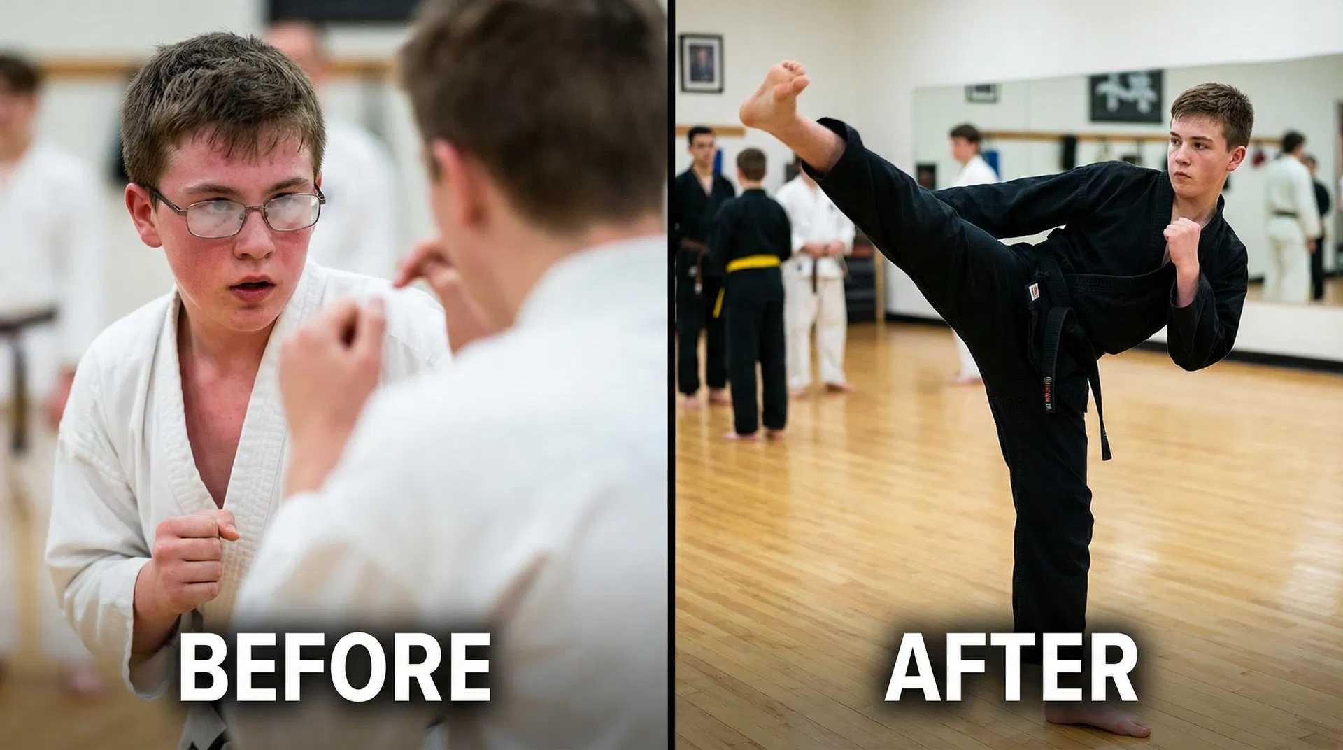 A young martial artist before and after Ortho-K, showing the freedom of movement without glasses.