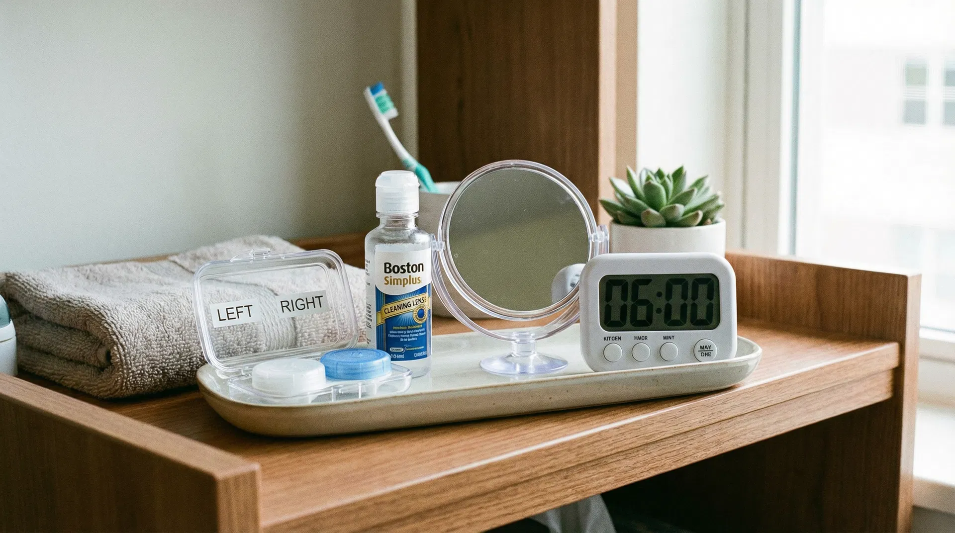 A neat and organized Ortho-K lens care station set up on a desk in a college dorm room.