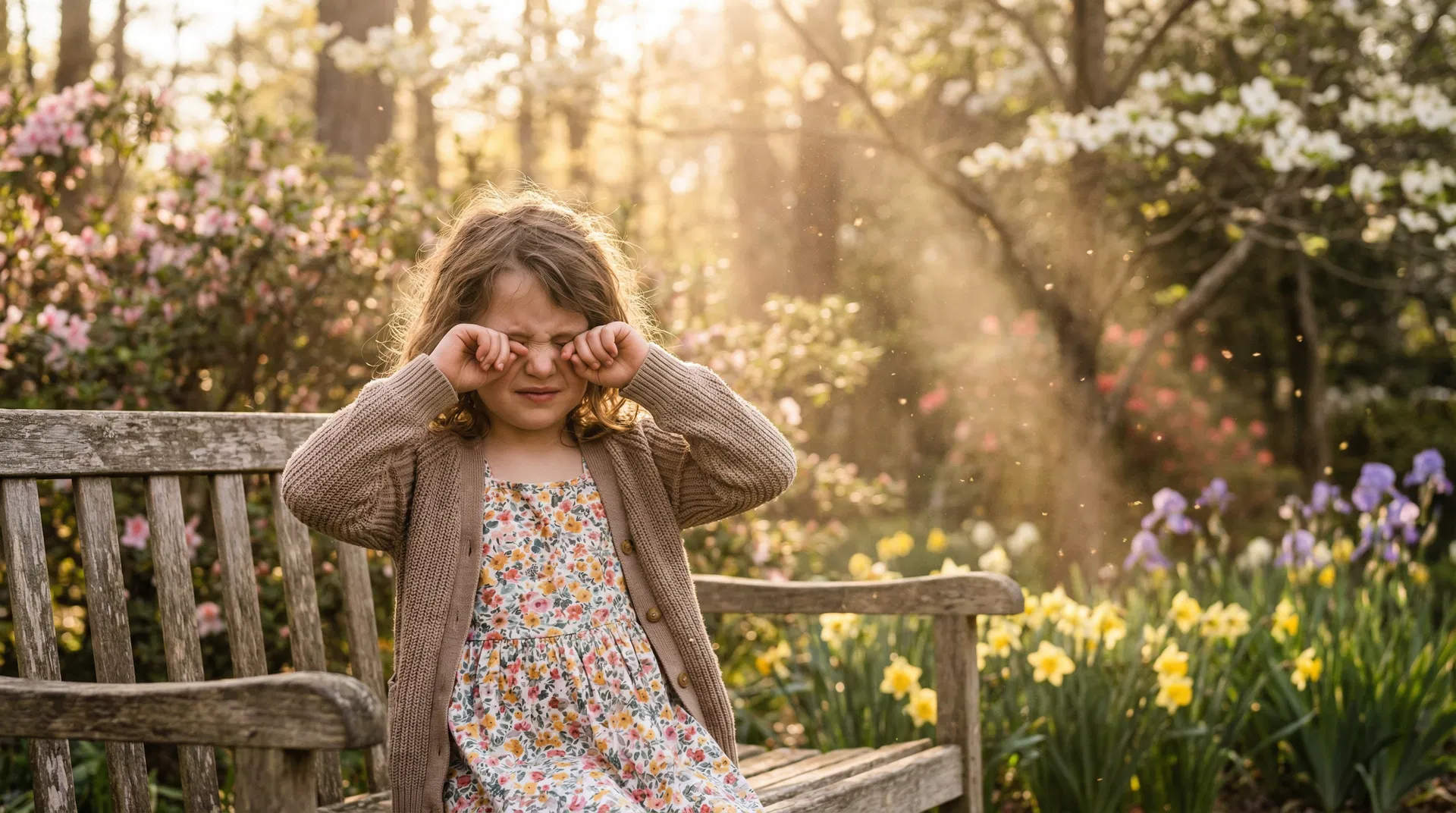 A young girl with allergy symptoms rubbing her itchy eyes during spring.