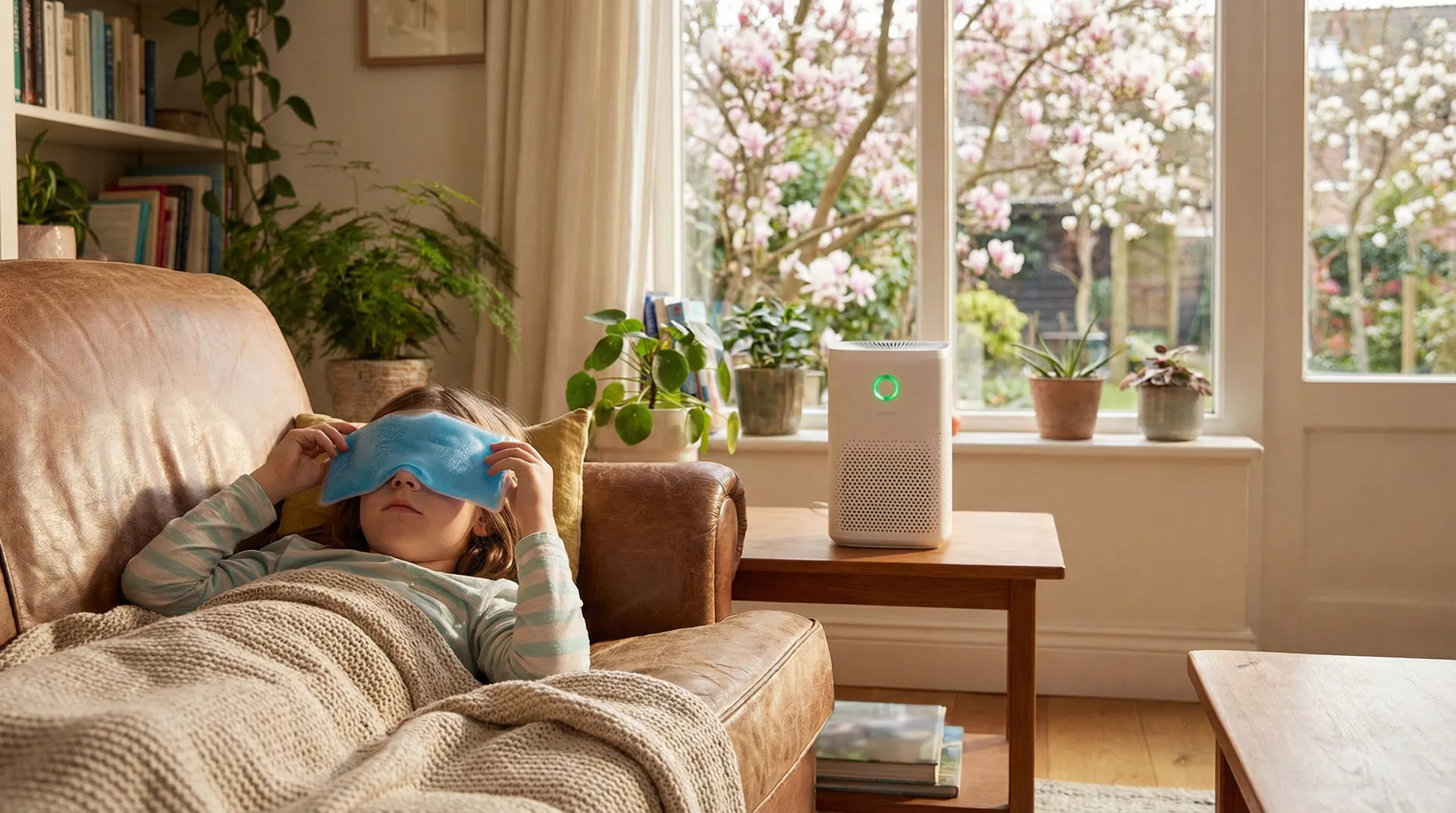 A young boy with his eyes closed, holding a cool, damp cloth over them as a compress.