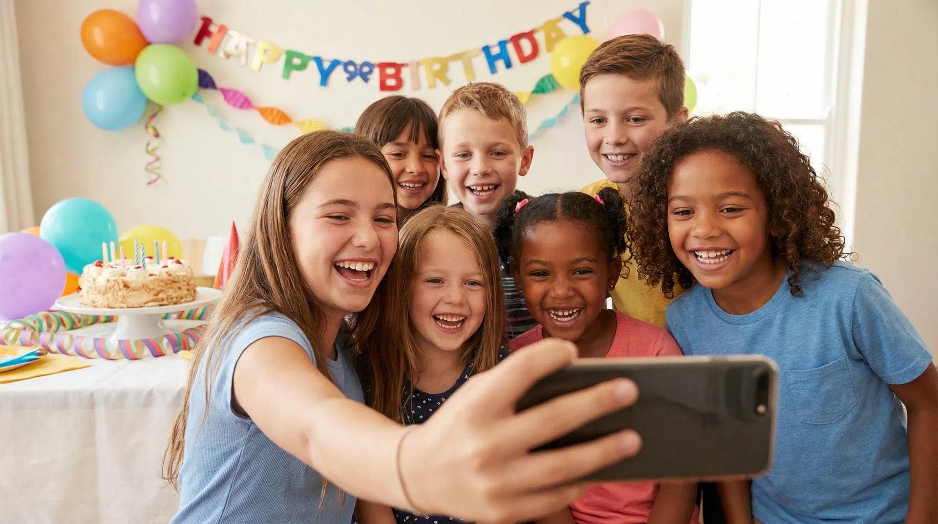A group of kids taking a selfie at a party, smiling and confident.