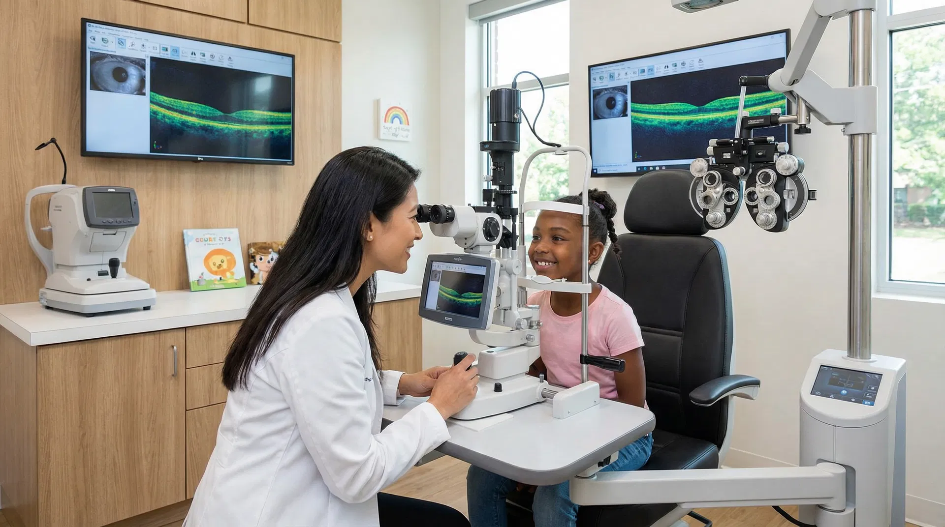 A young girl having a comprehensive eye exam with an optometrist