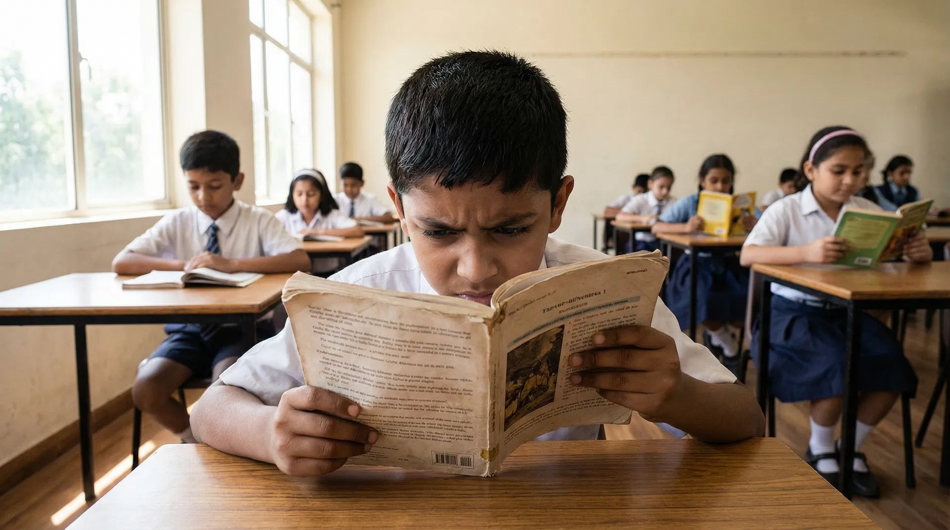 A young child reading a book very closely