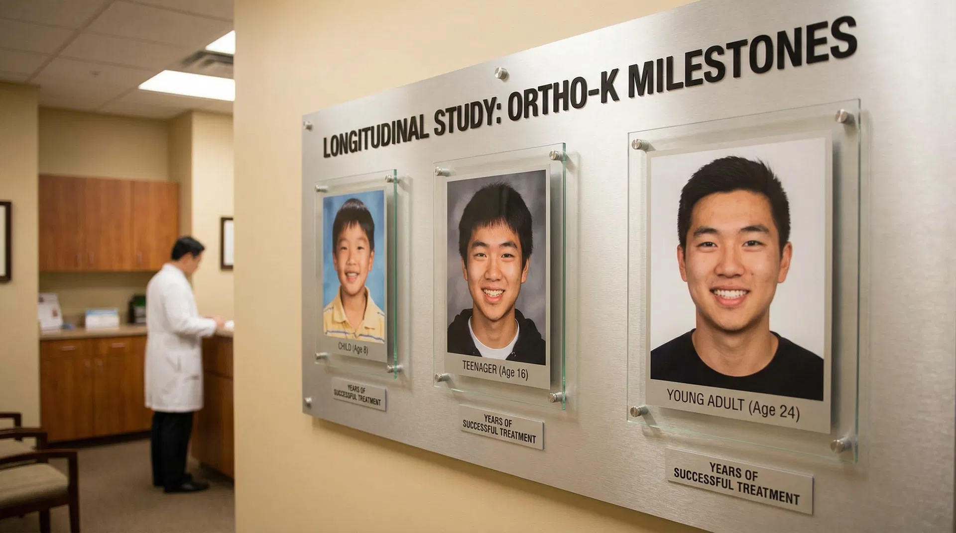 An illustration showing two paths for a child's eye growth. The top path, without Ortho-K, shows the eye elongating significantly over time. The bottom path, with Ortho-K, shows the eye remaining much more stable and less elongated.