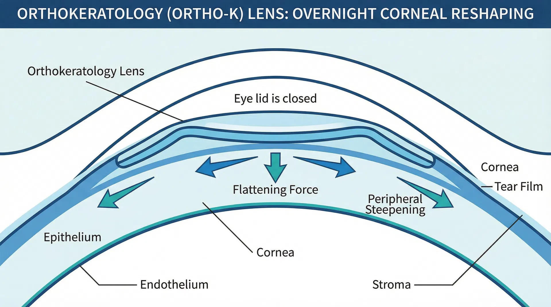 Diagram showing how an Ortho-K lens reshapes the cornea.