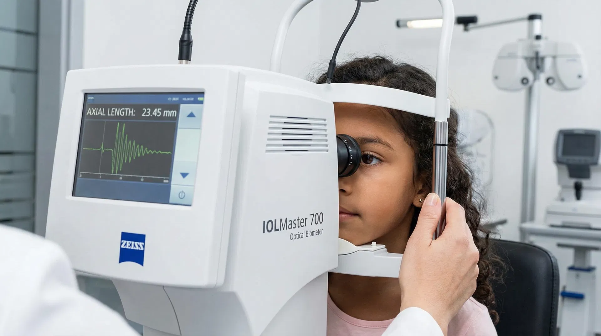 A biometer machine measuring a patient's axial length.