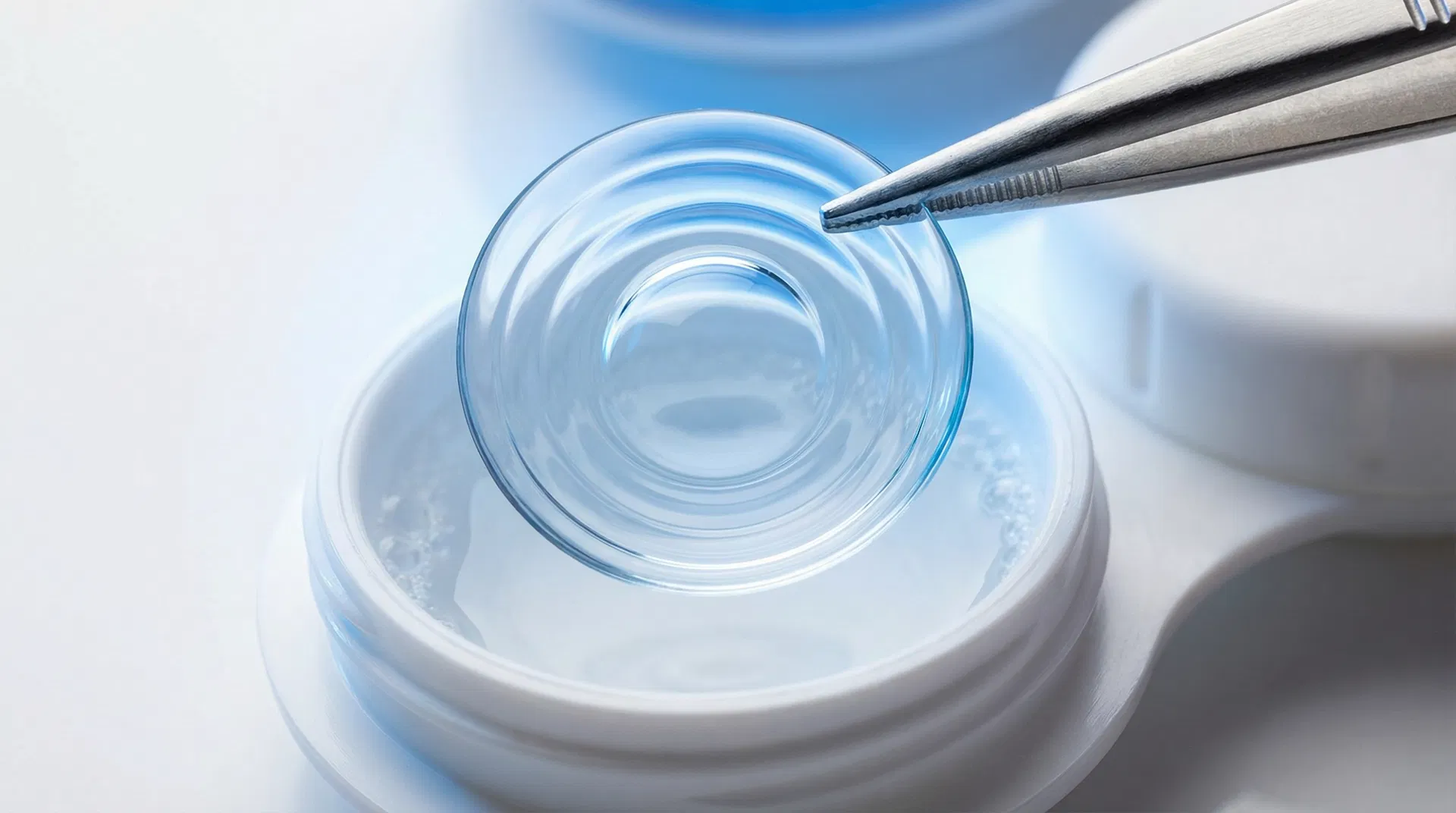 A closeup image of a modern Ortho-K lens, showing its intricate design and high-quality material.