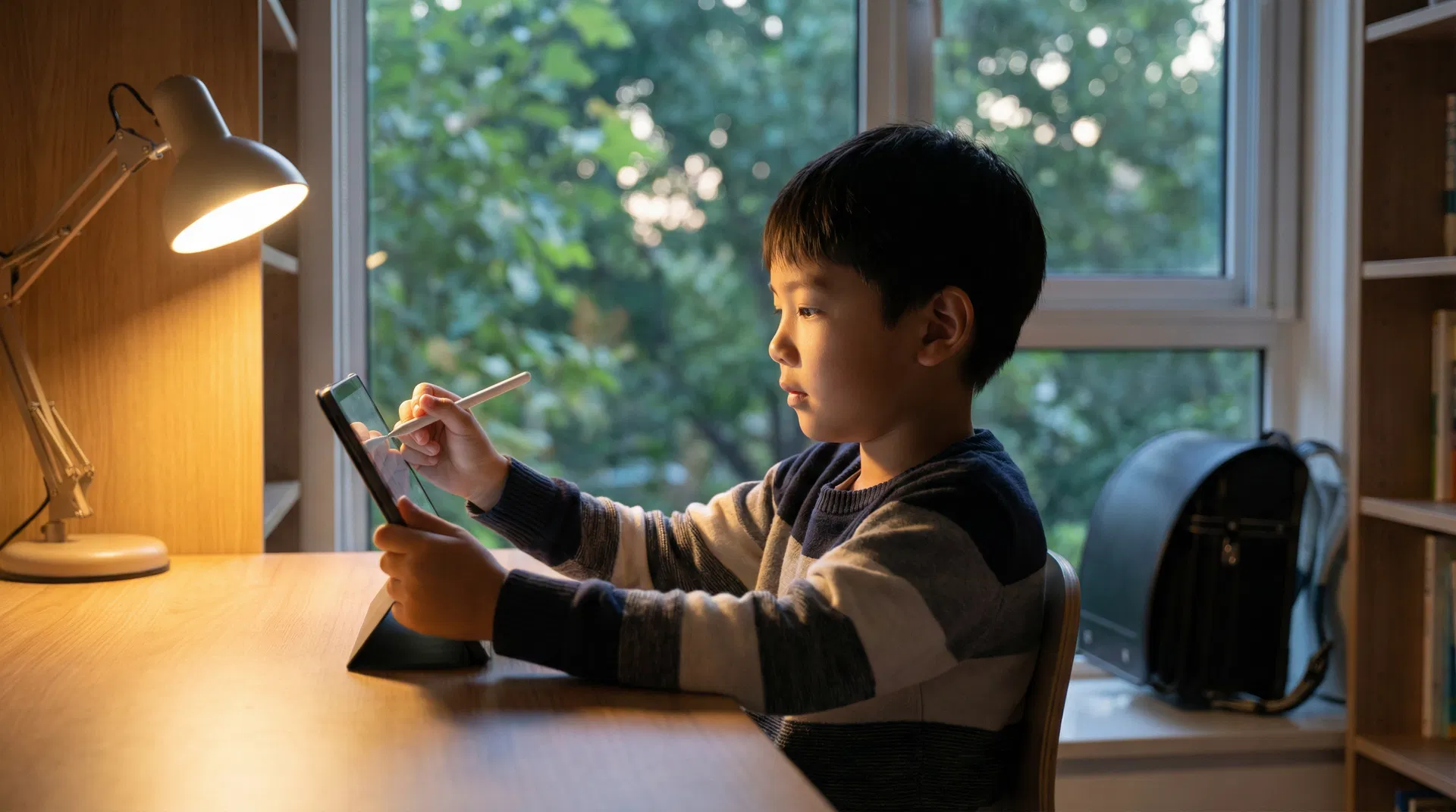A young boy focused intently on a tablet he is holding, with the bright screen illuminating his face in an otherwise dimly lit room.