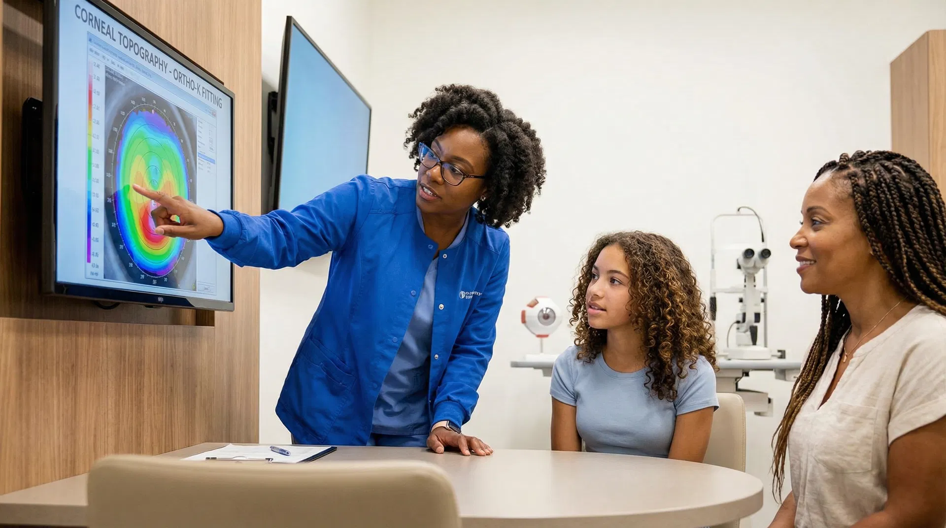 Dr. James Singletary explaining a corneal topography map to a patient.