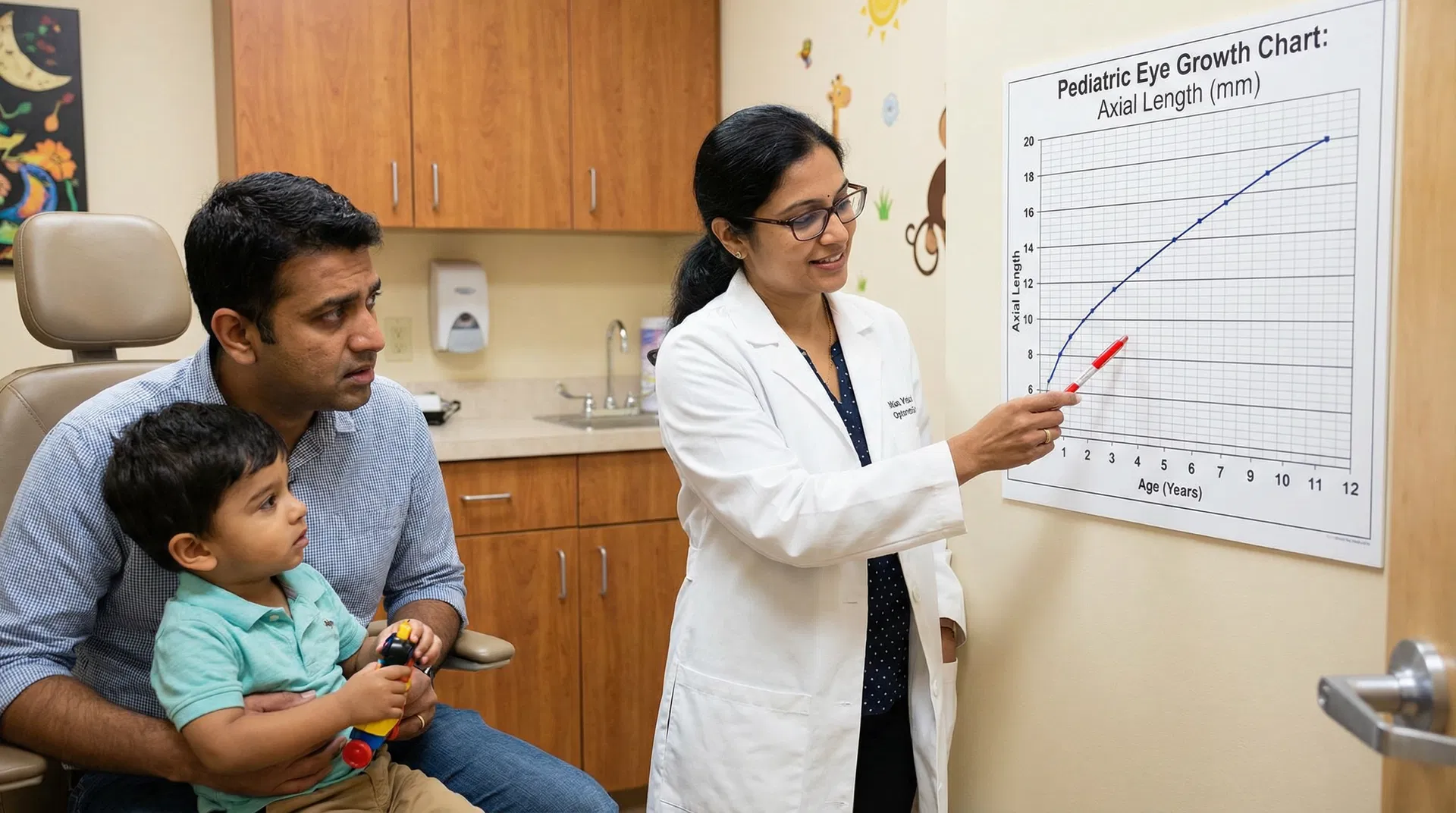 A growth chart showing percentile curves for axial length, similar to a pediatric height and weight chart.