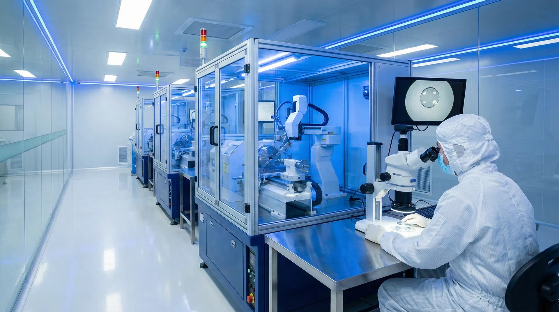 A modern orthokeratology lens being manufactured with high-precision equipment.