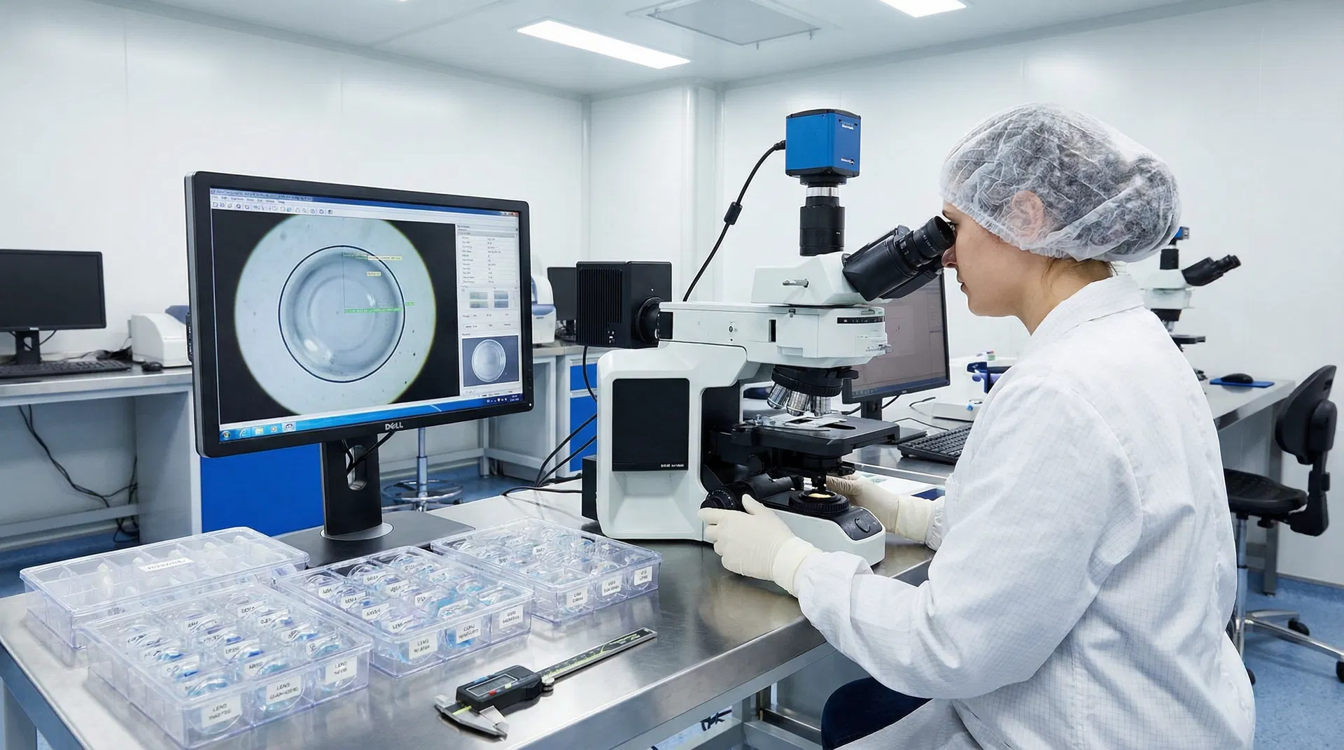 A scientist in a quality control lab inspecting a contact lens.