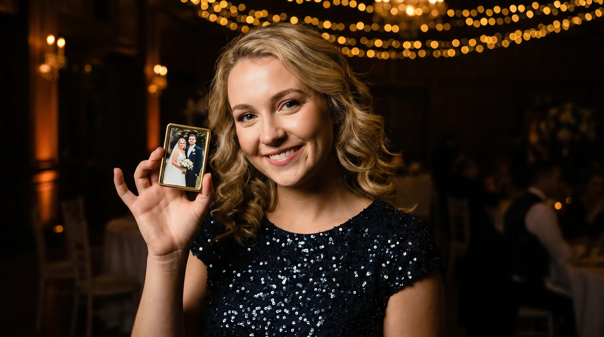 Guest holding photo magnet at elegant event