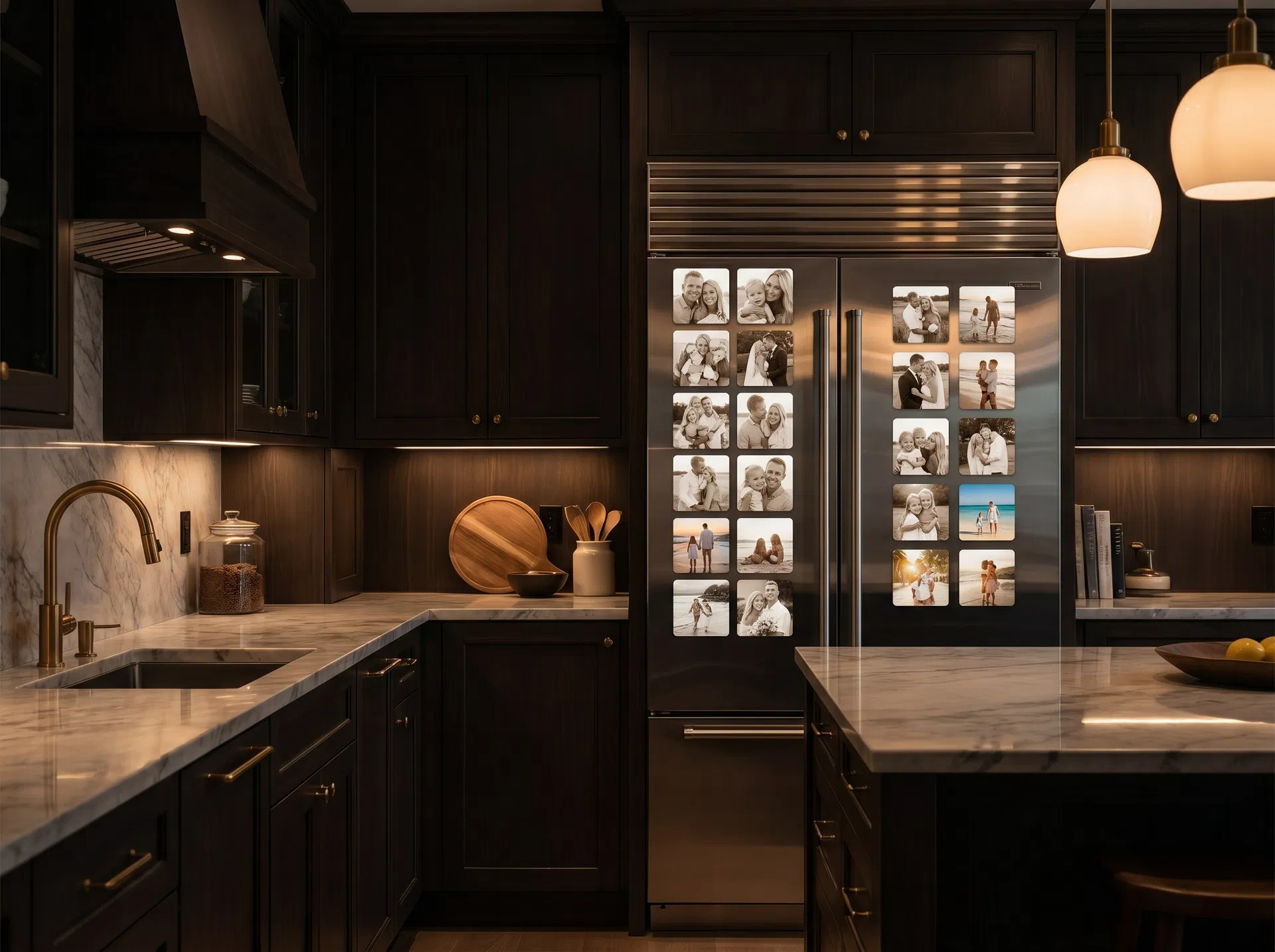 Luxury kitchen with fridge covered in beautiful photo magnets