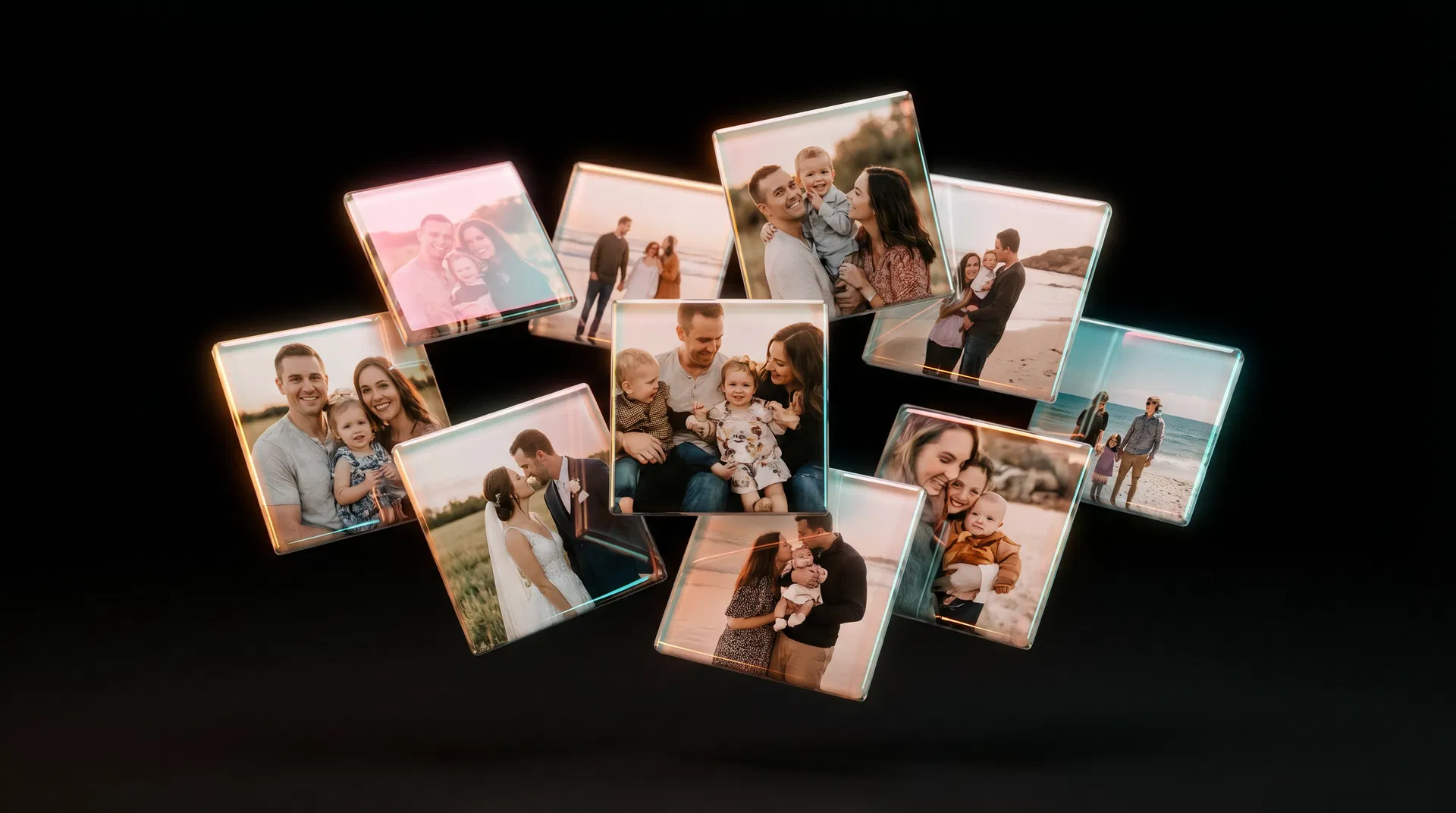 Premium photo magnets floating on dark background with studio lighting