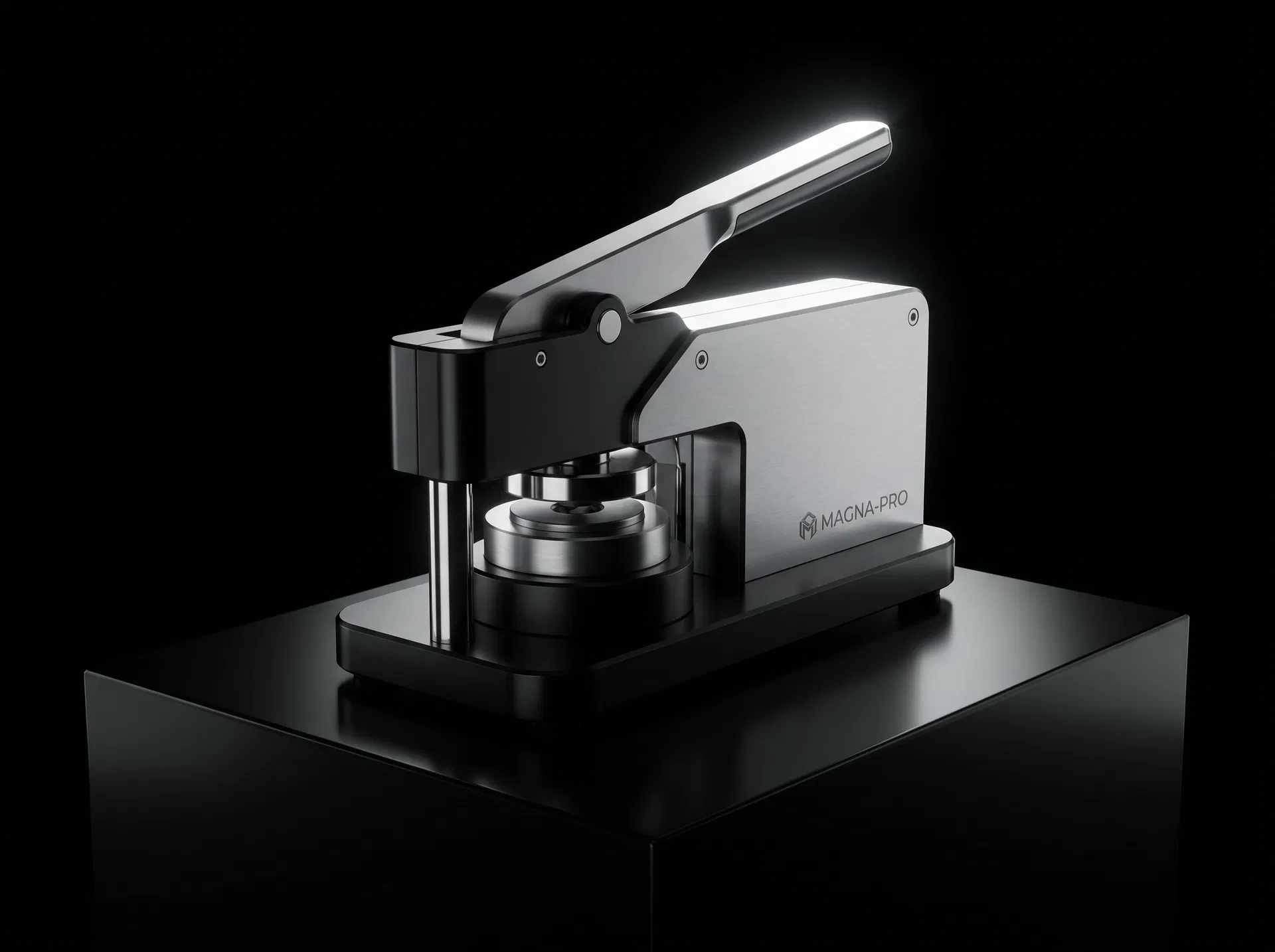 Professional photo magnet machine with dramatic studio lighting