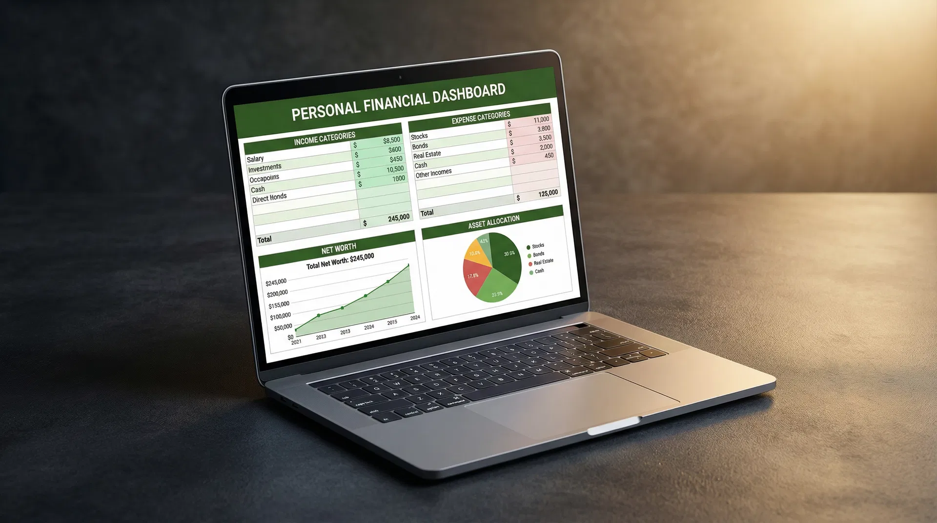 Interactive Financial Statement Dashboard showing income tracking, expense categories, net worth calculator, and asset allocation charts