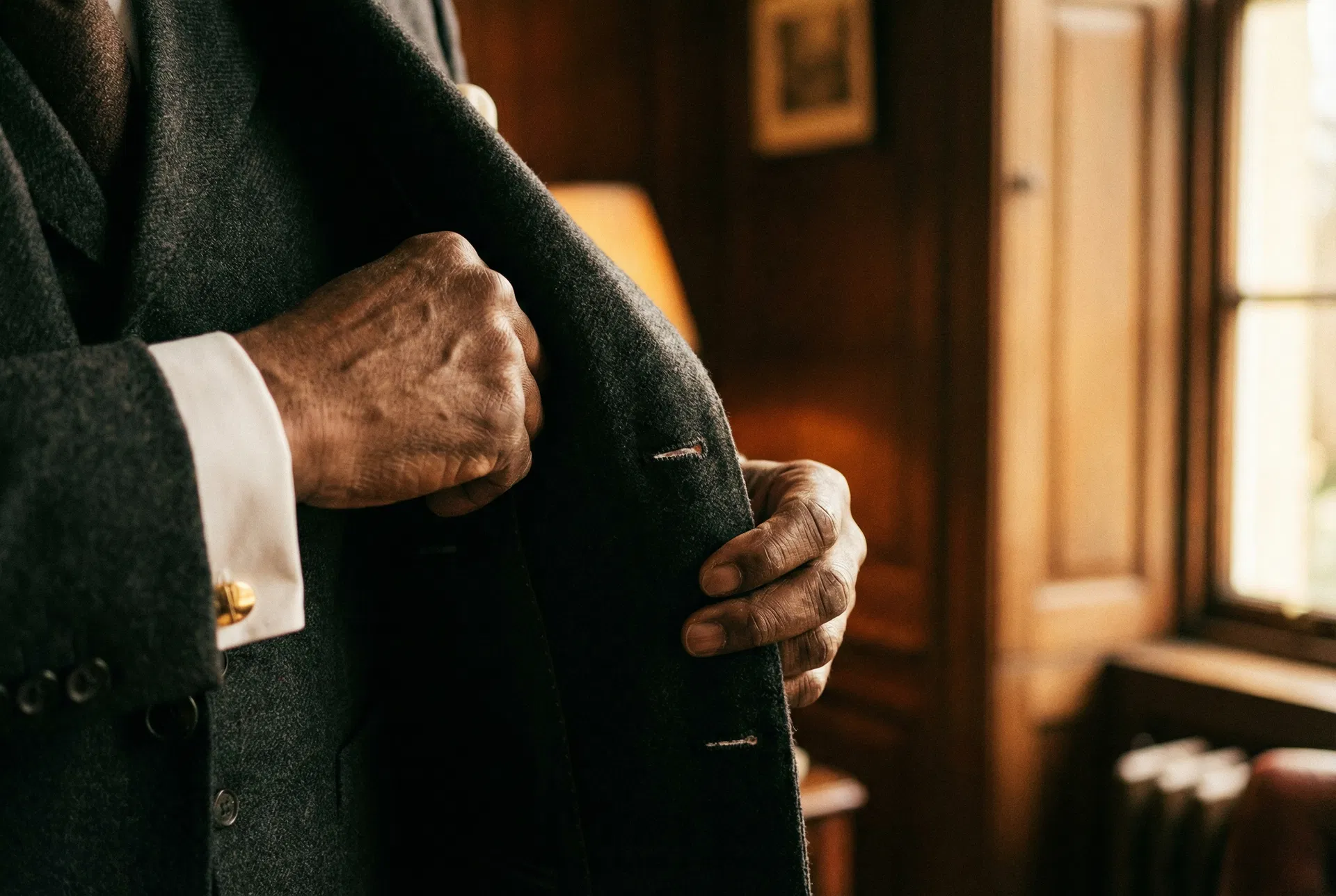 Craftsmanship — hands adjusting a suit lapel