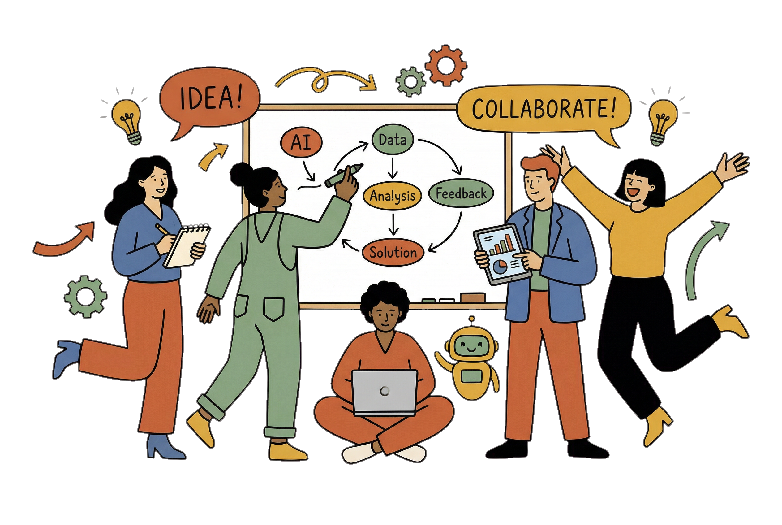 Diverse group of people collaborating in a workshop — hand-drawn illustration
