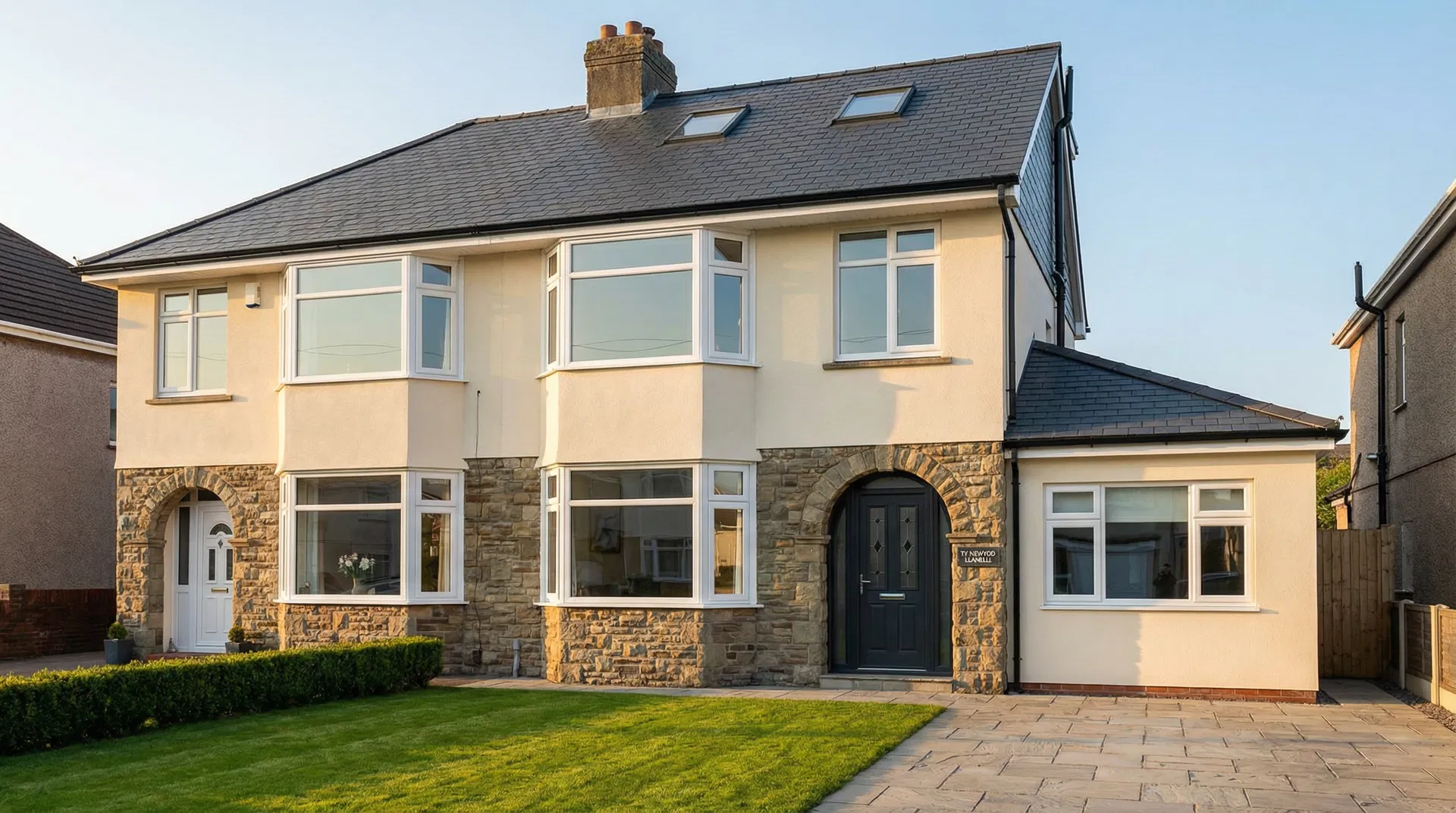 Modern semi-detached home in Llanelli with new uPVC windows and composite front door installed by WR Windows