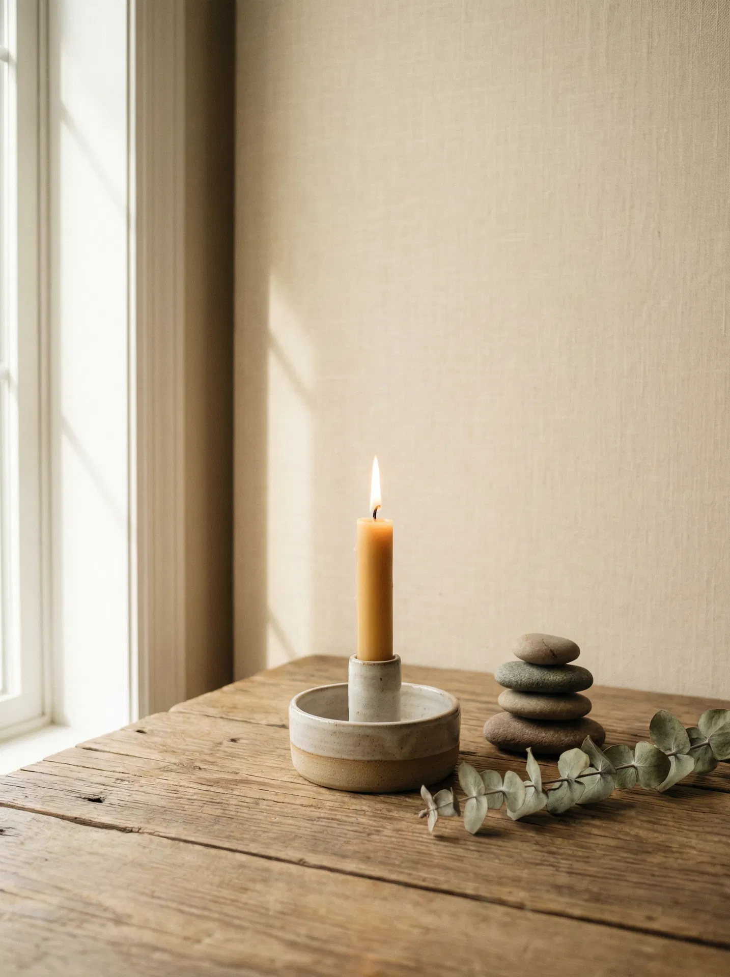 Meditation space with candle and stones
