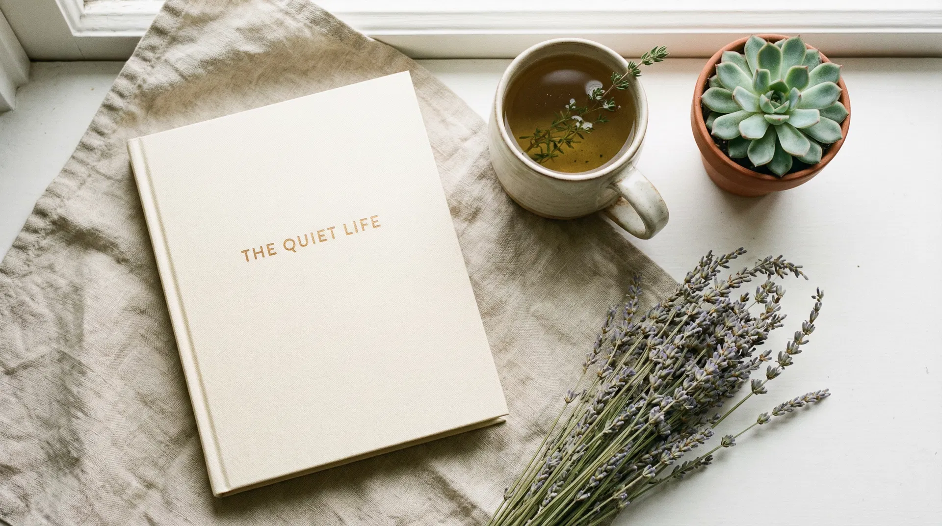 Book styled with tea and lavender