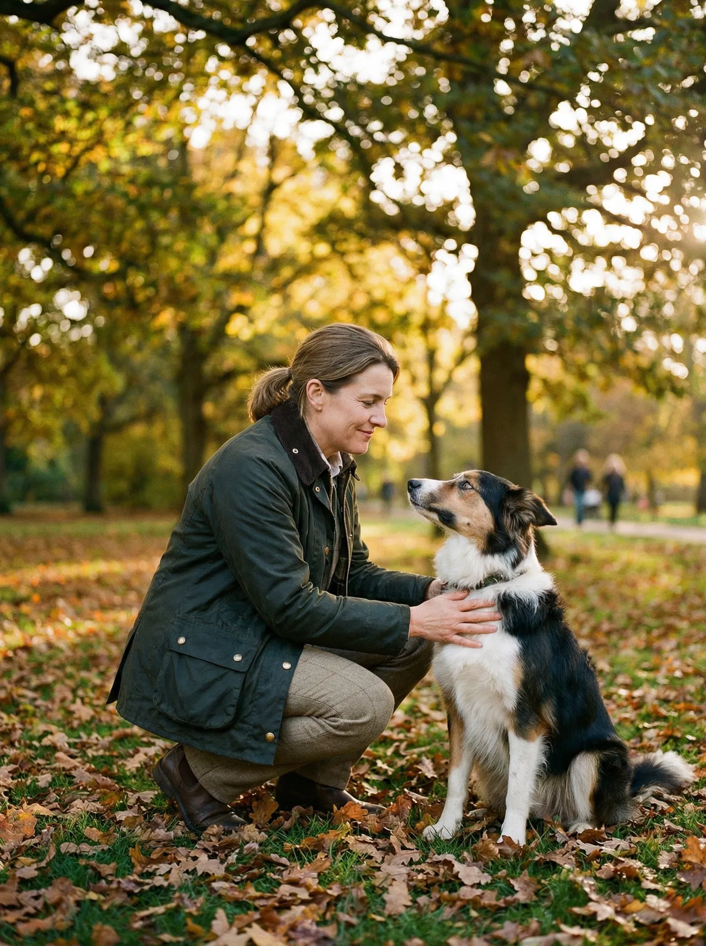 Professional dog handler with a Border Collie in an English park