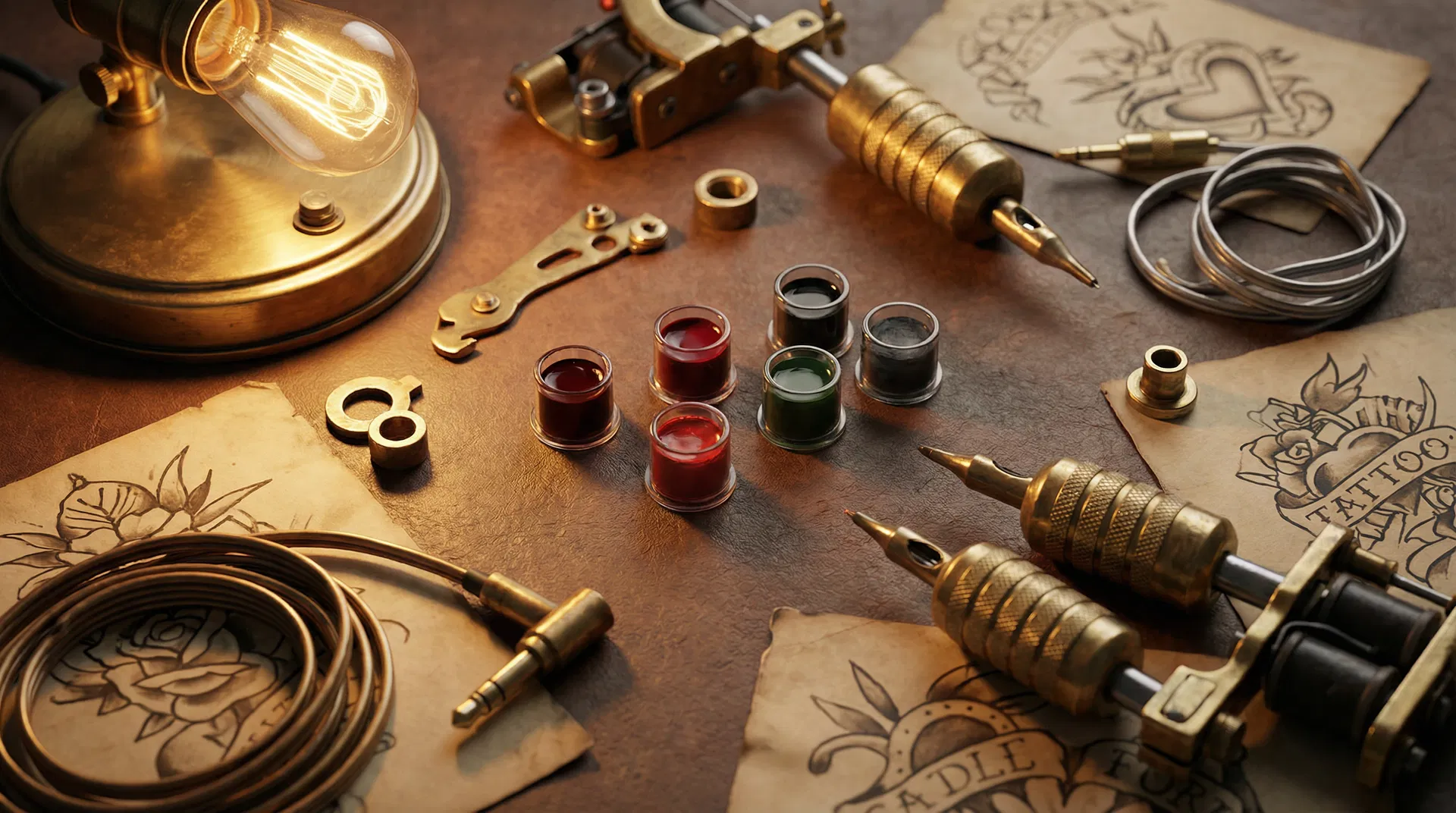 Tattoo artist's workstation with tools and ink
