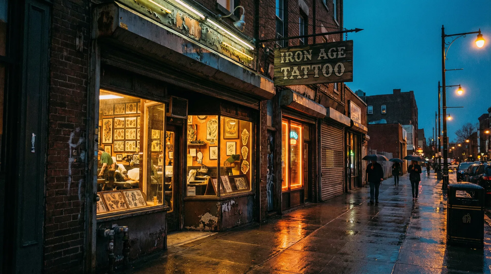 Tattoo shop exterior at dusk