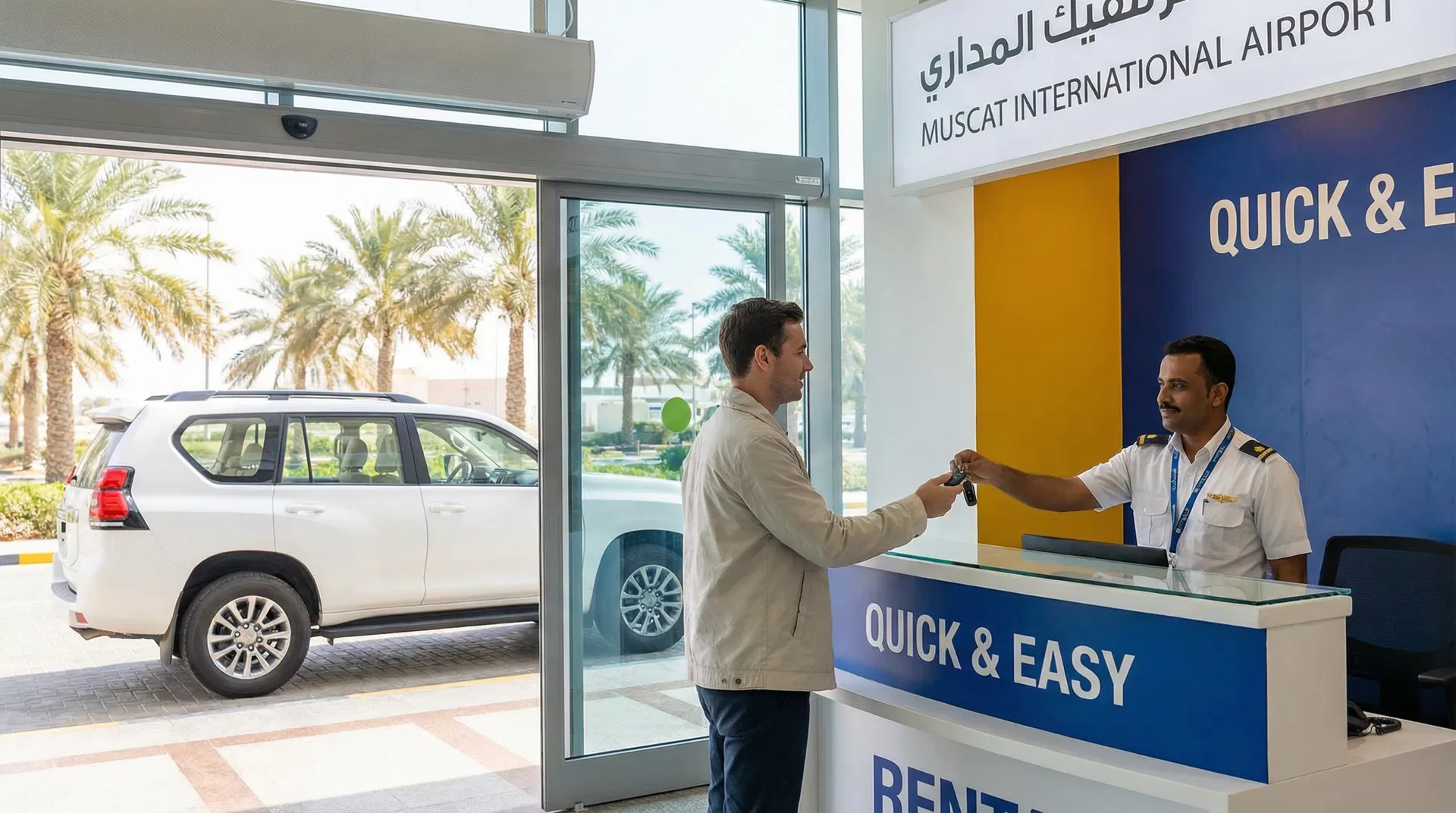 Quick and easy airport car rental at Muscat Oman - modern vehicle ready for pickup with professional service