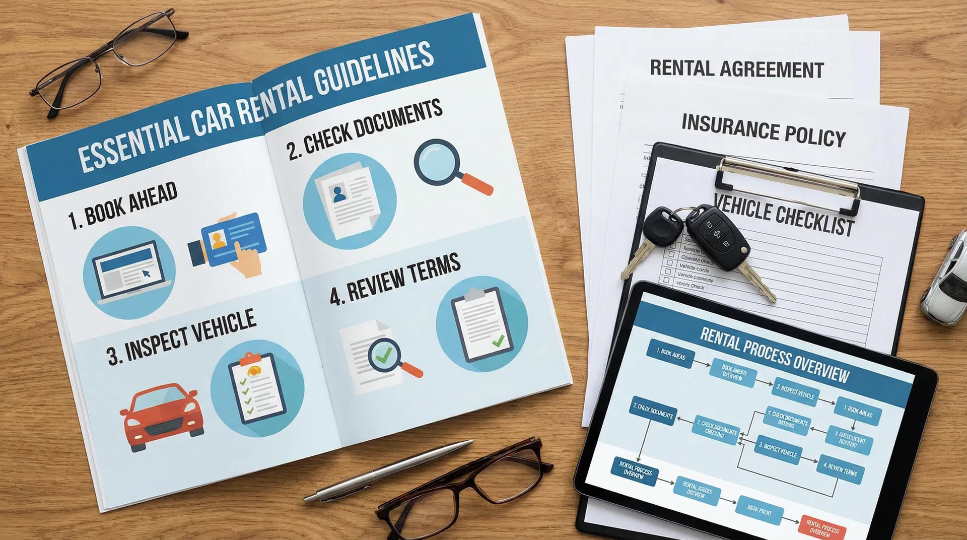 Essential guidelines for renting a car - informative guide with rental agreement documents and car keys checklist