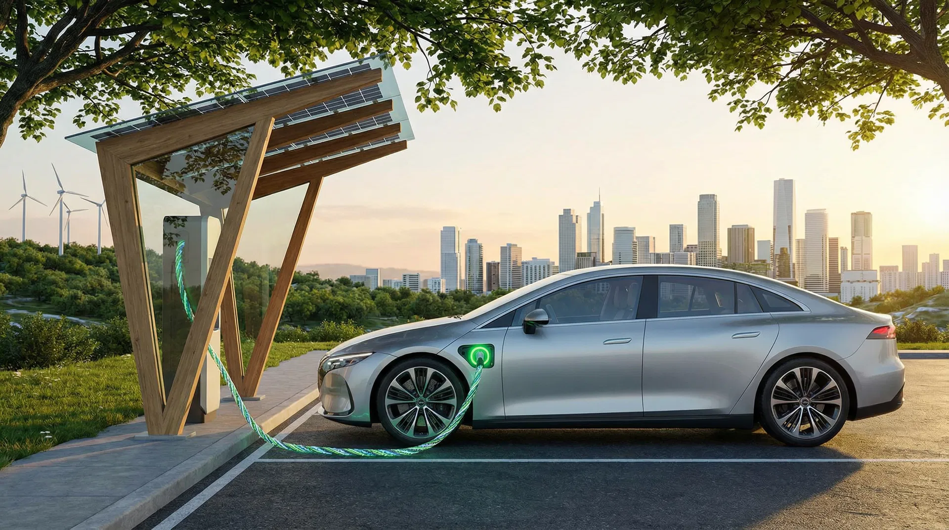 Electric cars and environmental impact - modern EV charging at station with eco-friendly sustainable transportation technology