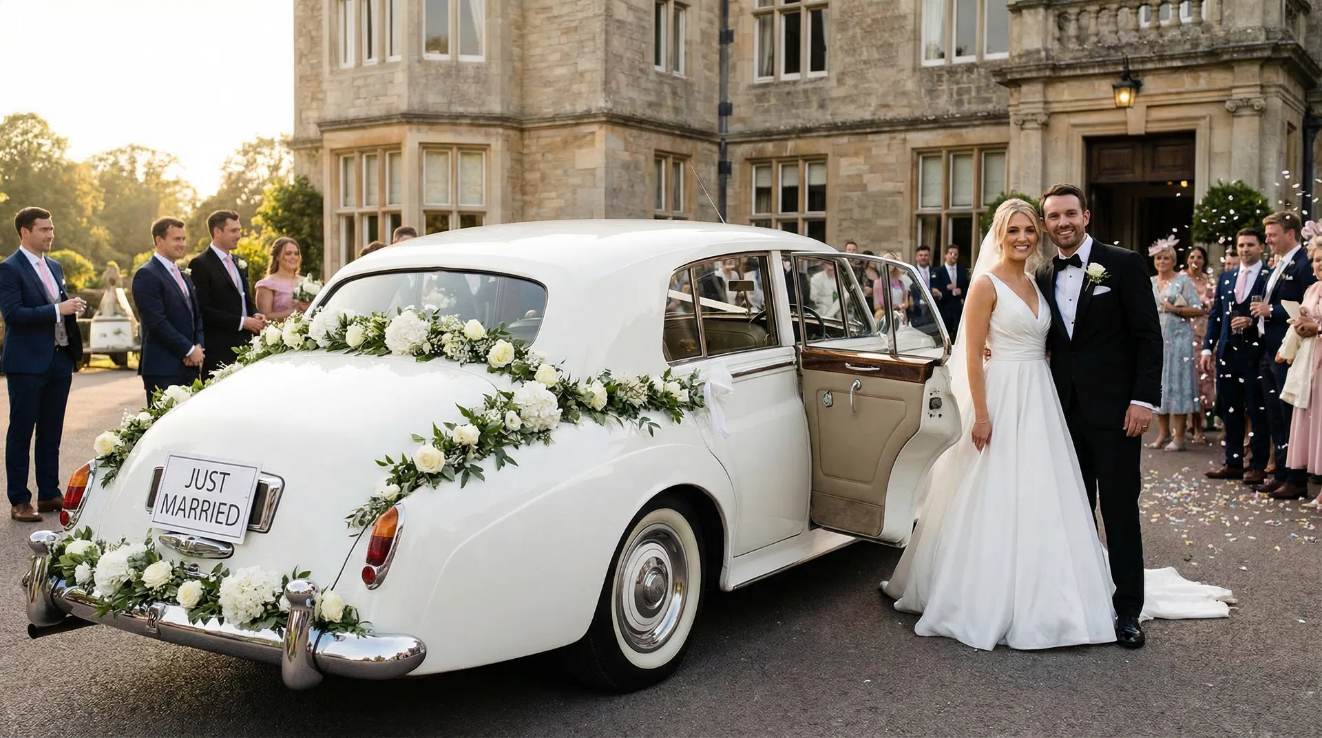Luxury wedding car rental - elegant white car decorated with flowers for bride and groom special occasions
