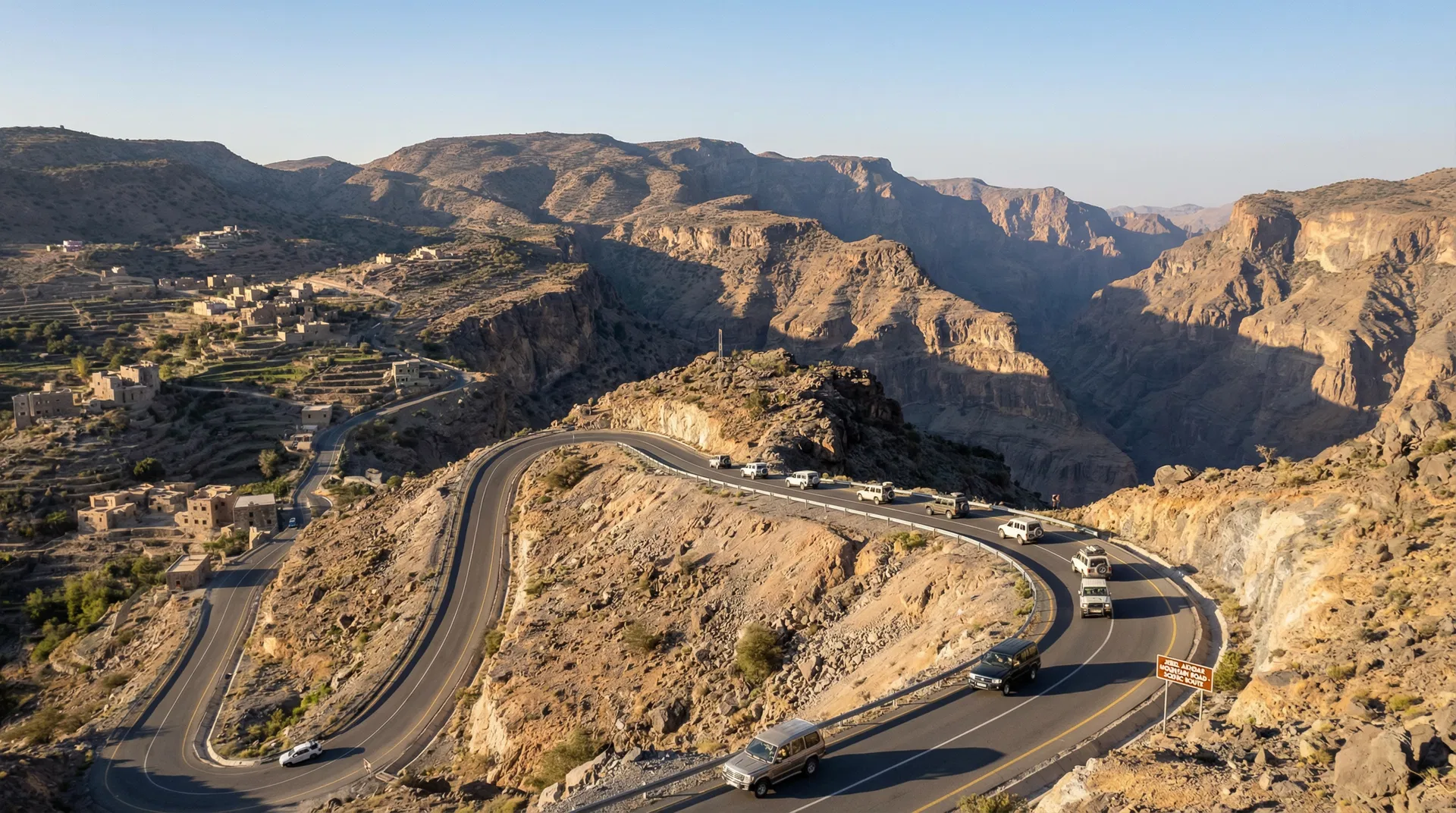Best driving routes in Muscat Oman - scenic mountain road through Jebel Akhdar with winding passes and dramatic landscapes