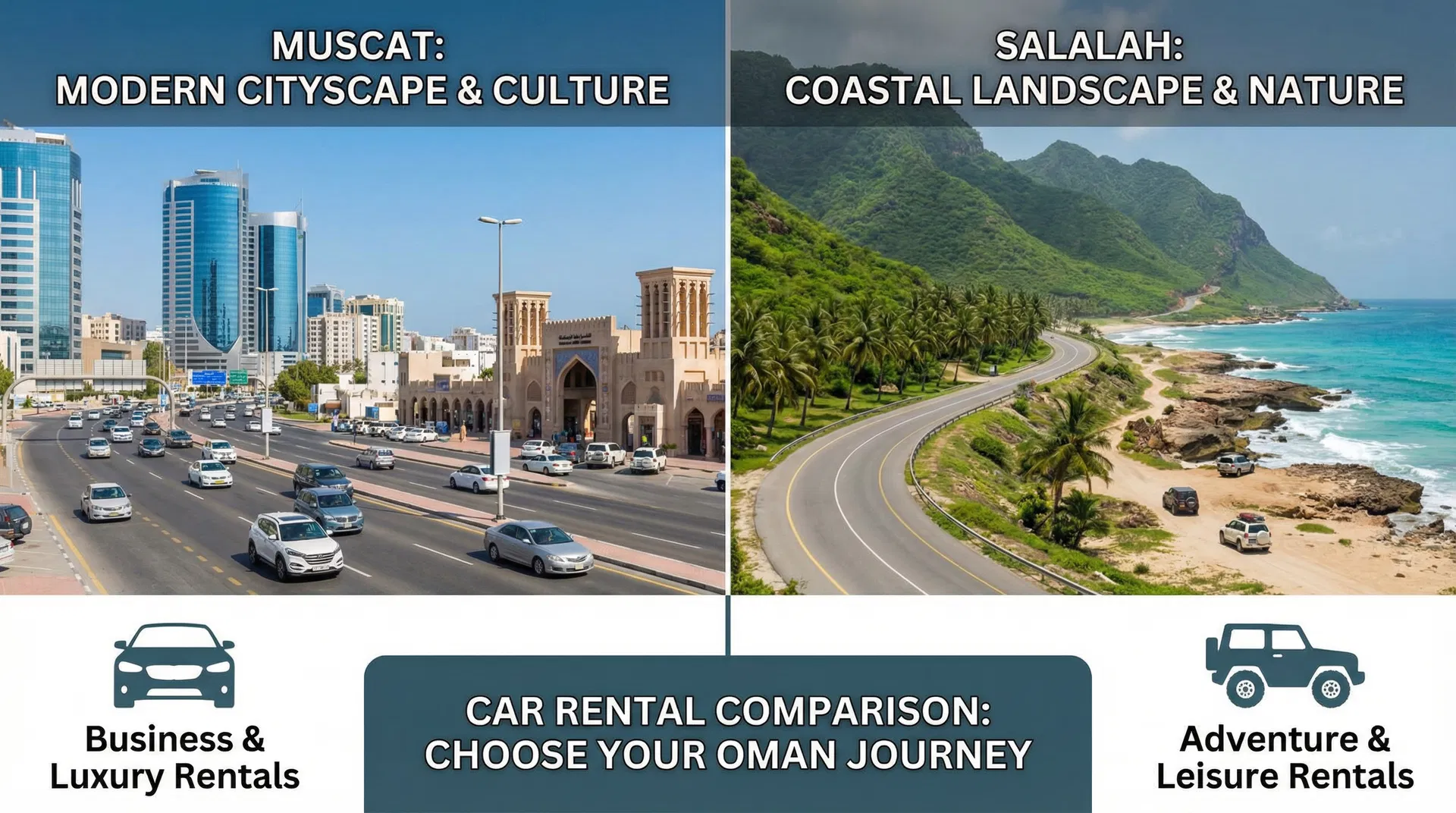 Car rental comparison Muscat vs Salalah Oman - split view of modern cityscape and coastal landscape for travel destination comparison