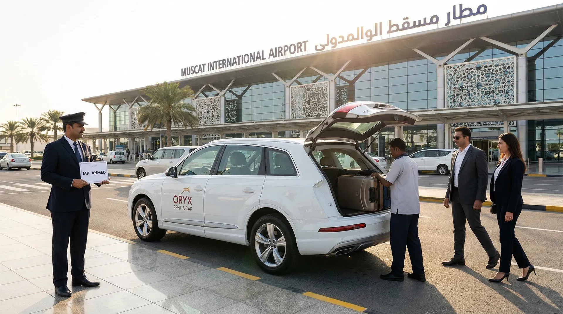Airport car rental service at Muscat International Airport - professional pickup with luggage loading and modern vehicles