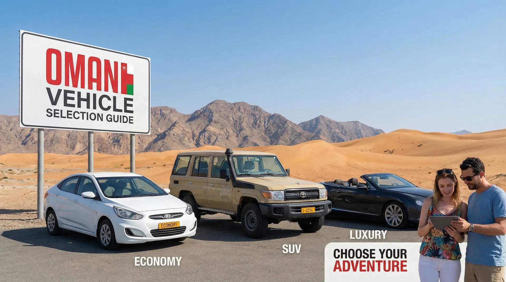 Choosing perfect rental car in Oman - diverse vehicle lineup showing economy, SUV, and luxury options in desert and mountain terrain