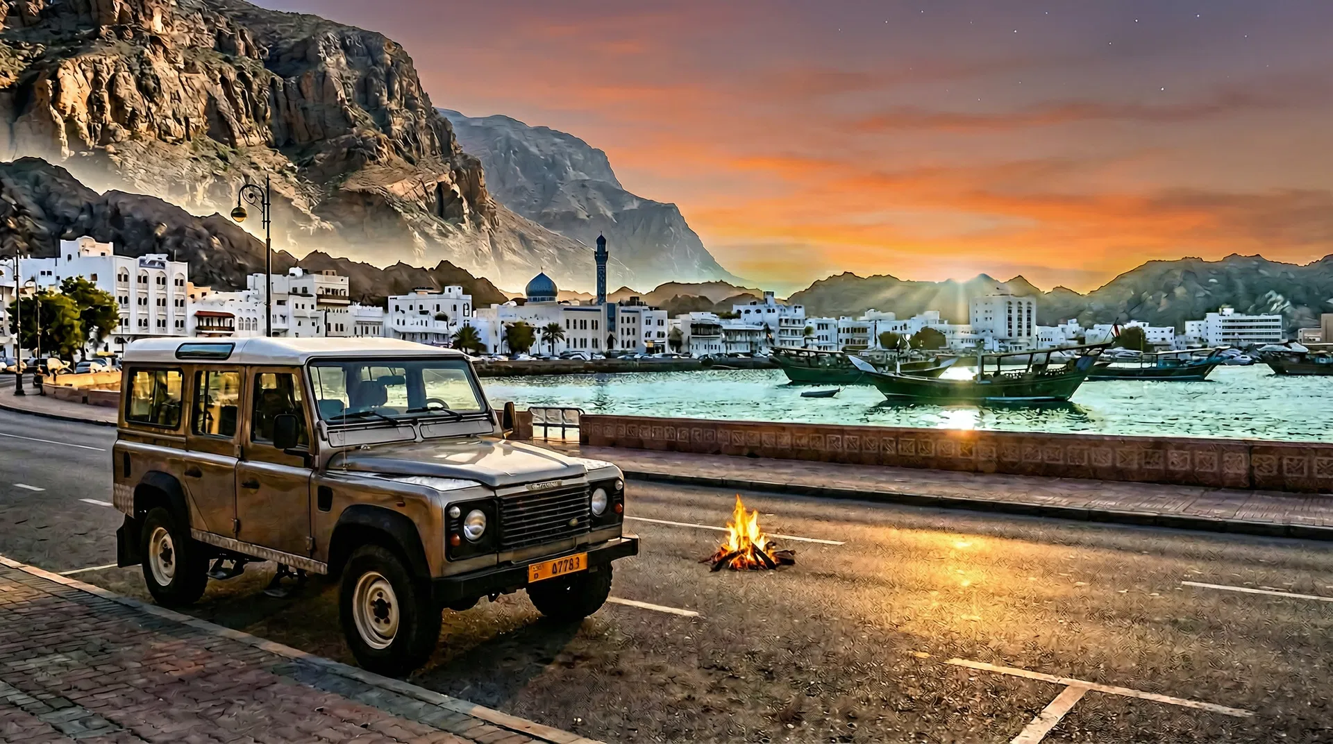 3-day Muscat road trip itinerary - scenic coastal drive along Muscat corniche with beautiful sunset and Oman landscapes