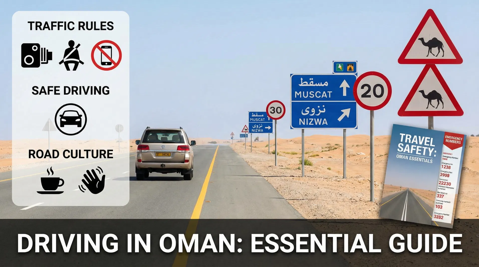 Driving in Oman essential guide - highway with traffic rules signs, speed limits, and camel warning signs in desert landscape