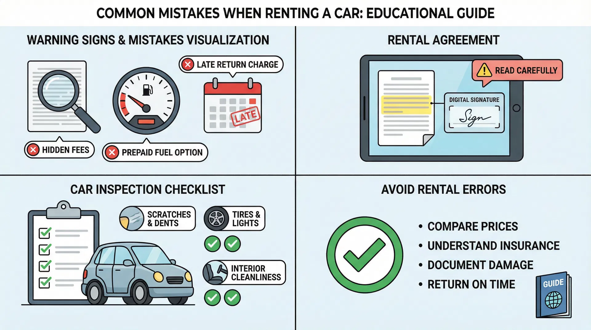 Common mistakes when renting a car - educational guide showing warning signs, rental agreement, and car inspection checklist