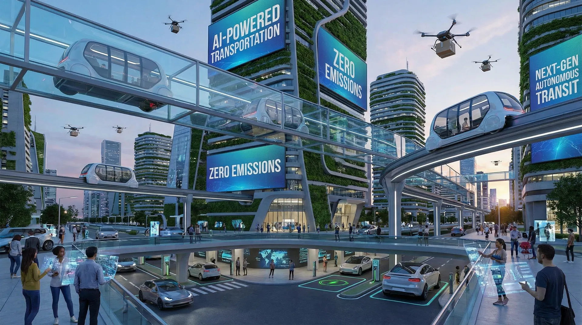 Future of car industry - futuristic autonomous vehicles and electric cars with AI-powered smart city technology and next-generation transportation