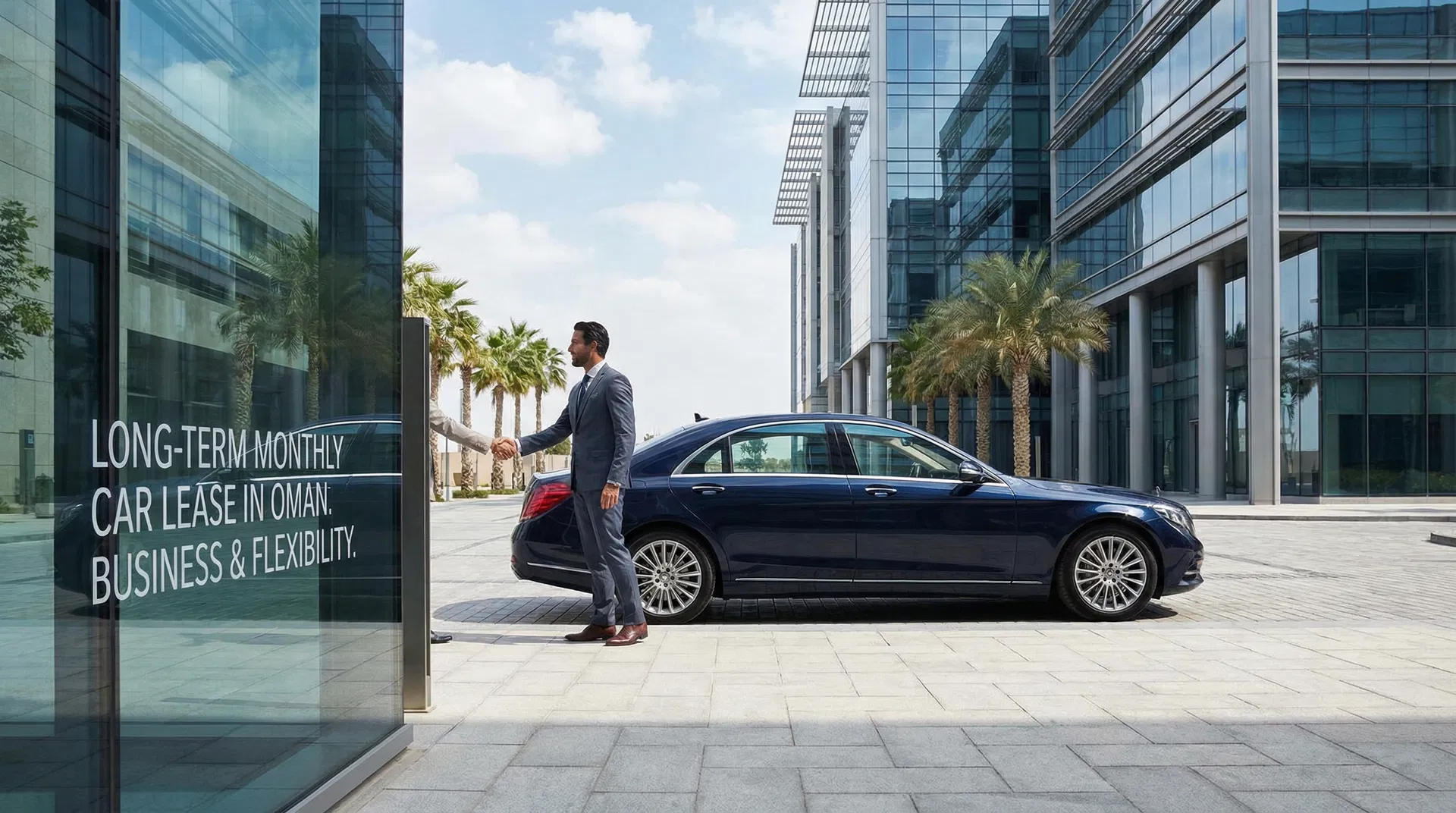 Long-term monthly car lease in Oman - professional businessman with luxury sedan representing corporate flexibility and business solutions