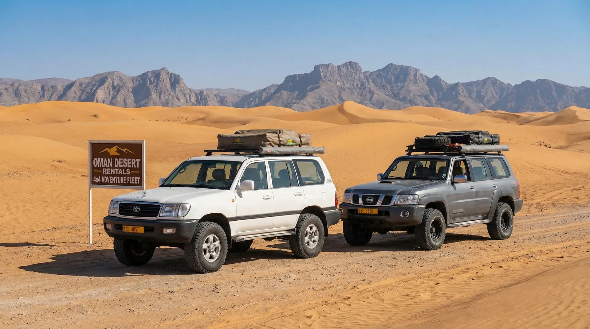 Powerful SUV and 4x4 vehicles for rent in Oman - Toyota Land Cruiser and Nissan Patrol in desert landscape for adventure and off-road exploration