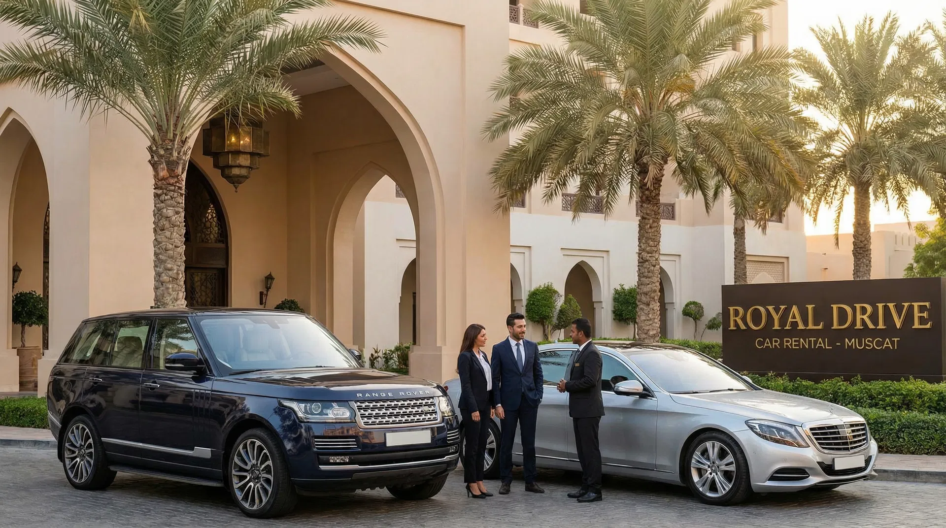 Premium luxury car rental in Muscat - Range Rover and luxury sedan at upscale location for special occasions and executive transportation