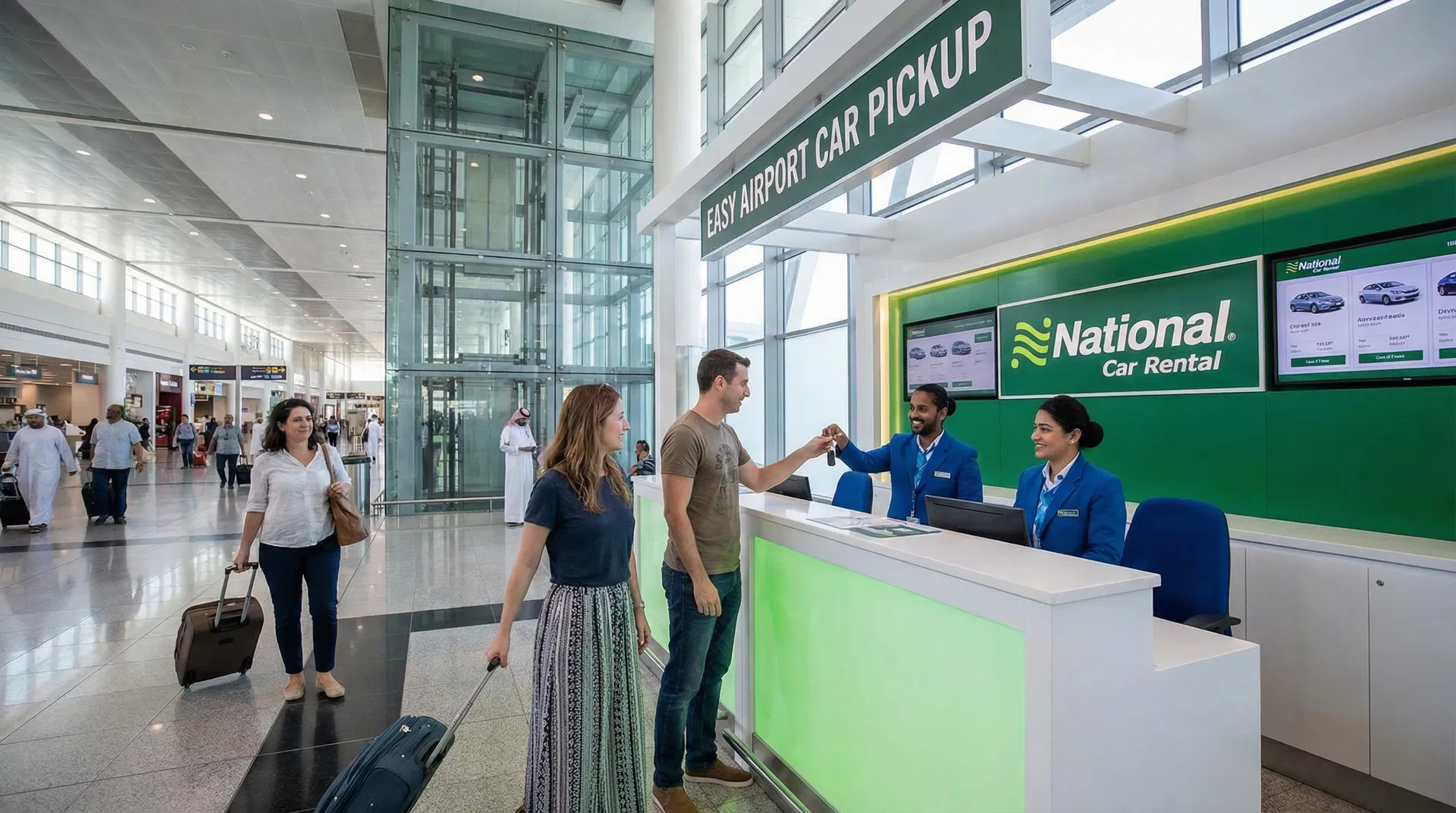 Easy airport car rental pickup at MCT Airport Muscat - rental counter service with friendly staff and smooth check-in process