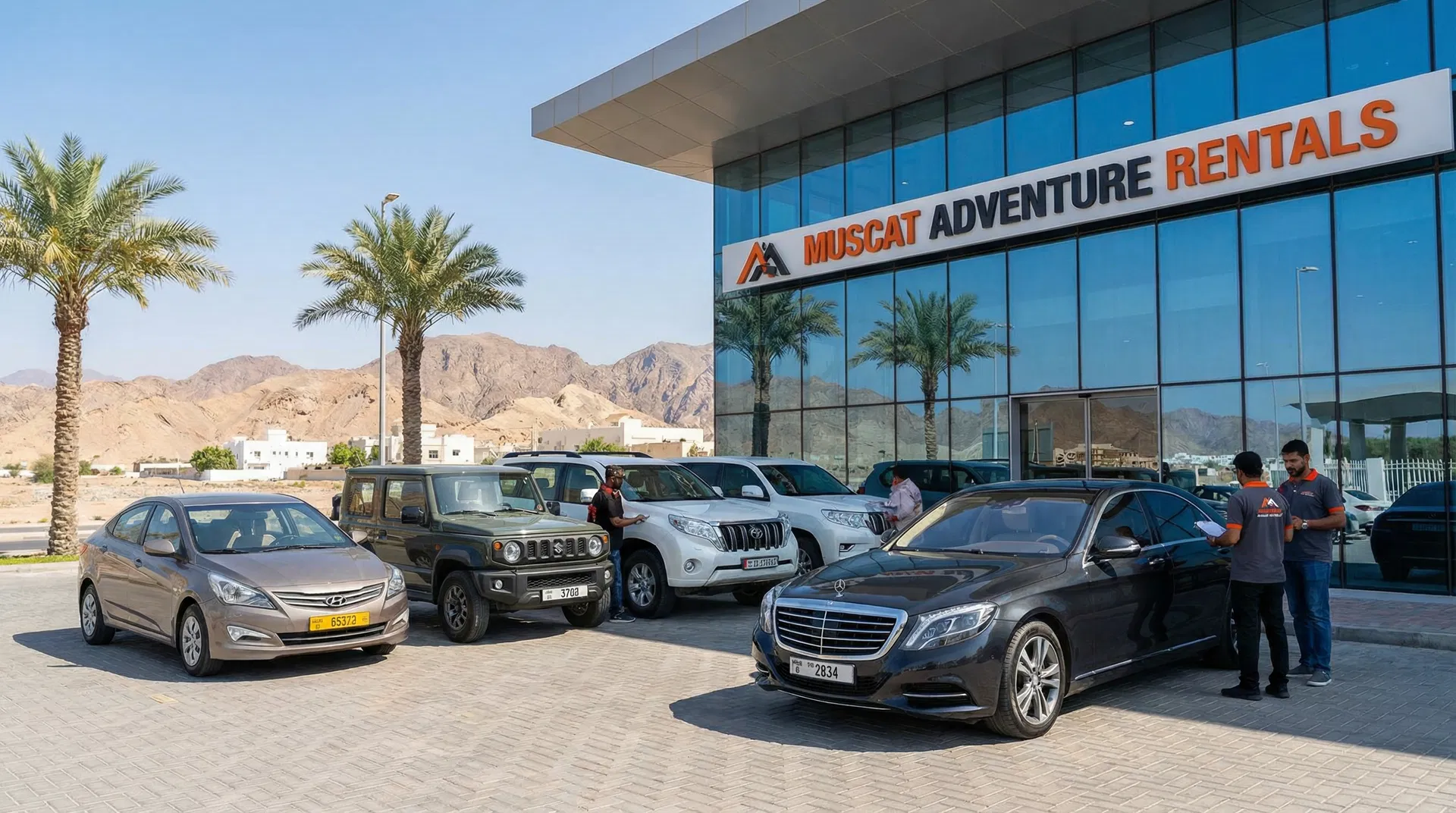 Diverse car rental fleet in Muscat Oman - economy, SUV, and luxury vehicles at modern rental facility ready for adventure