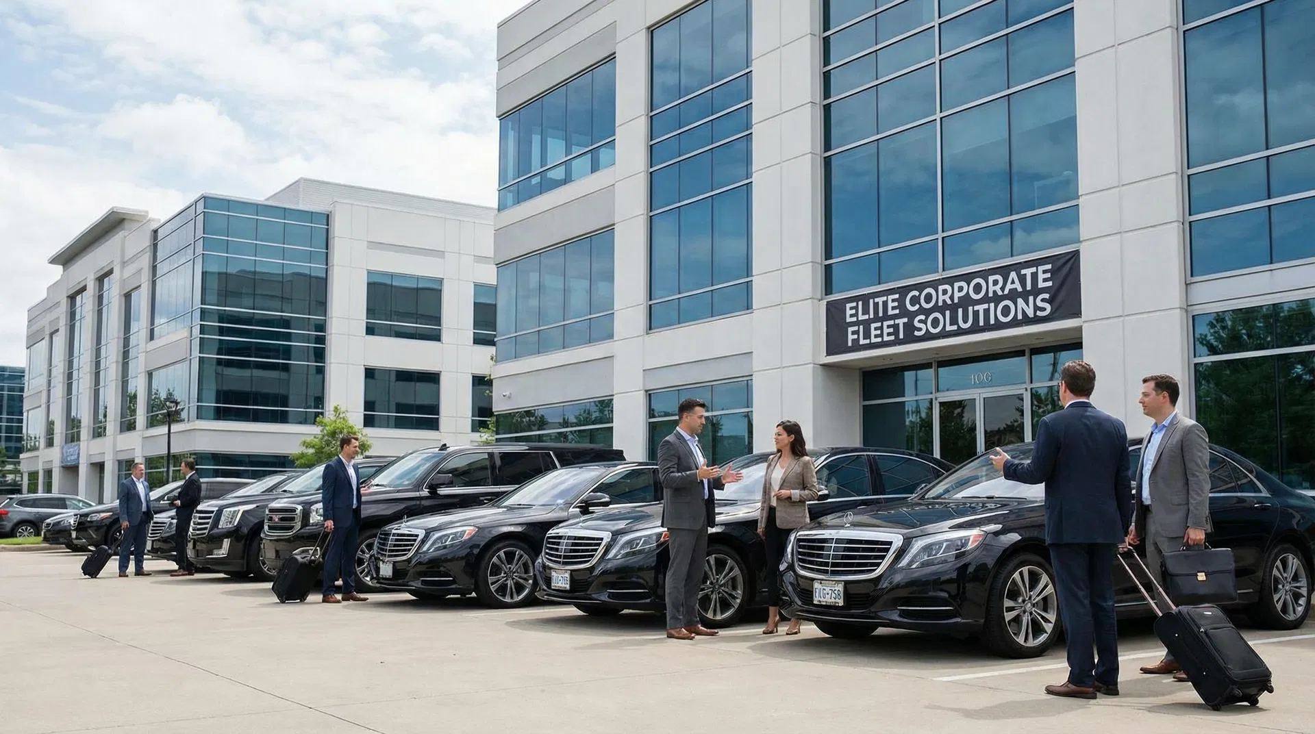 Corporate fleet car rental for business - multiple professional vehicles lined up for business travelers and corporate transportation solutions