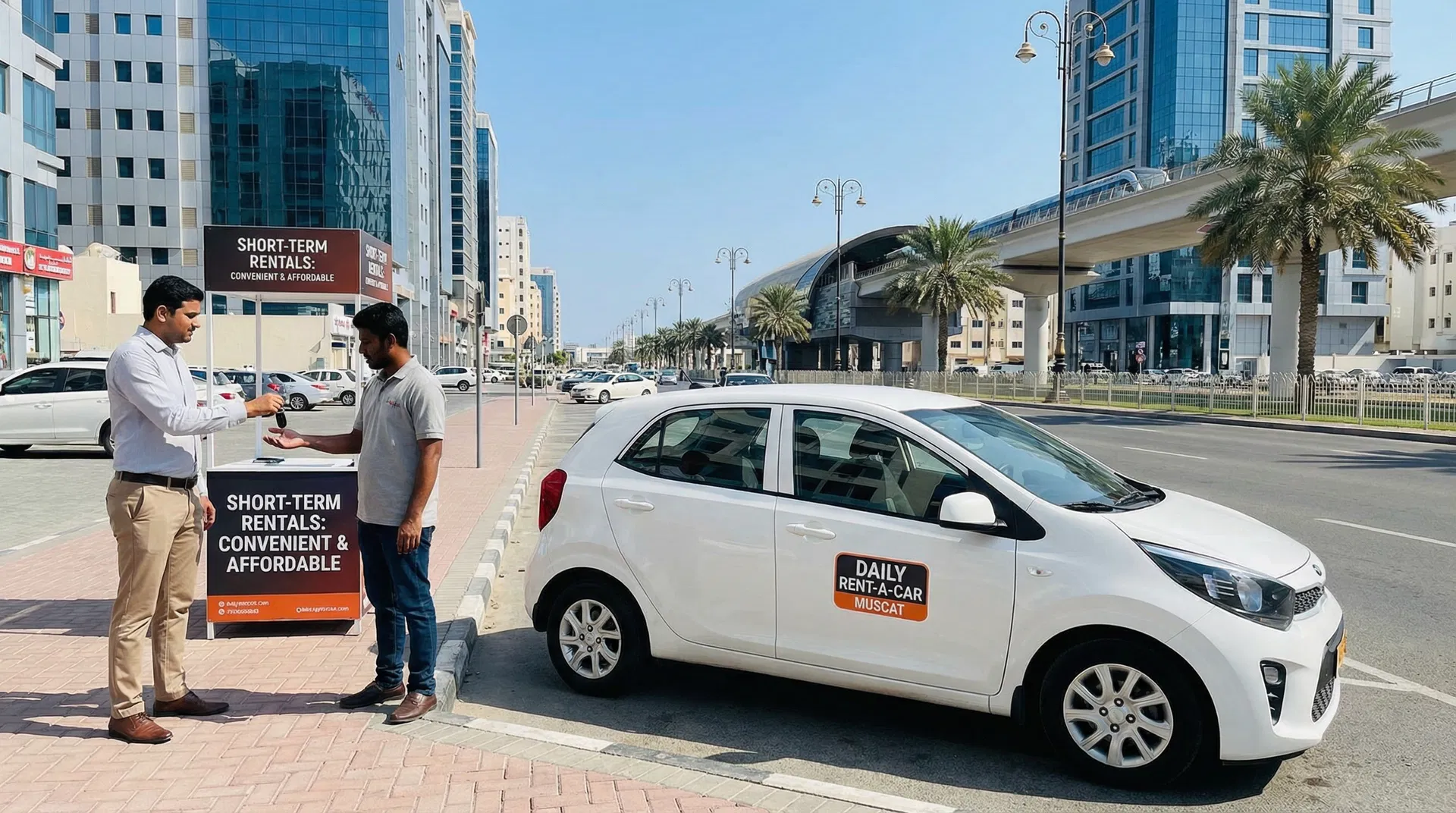 Daily short-term car rental in Muscat - compact economy car on urban streets for convenient daily transportation