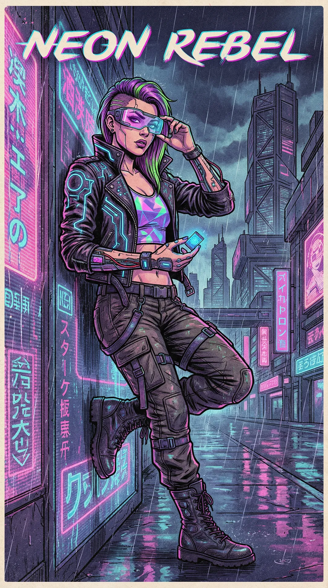 Neon Rebel - Cyberpunk dystopian style with high-tech edge
