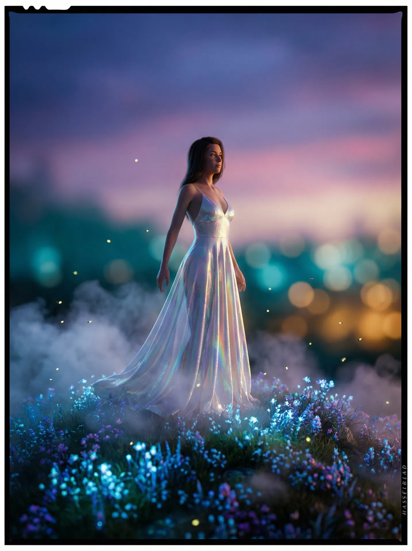 Ethereal woman in iridescent dress standing in bioluminescent flower field at twilight — generated by NeonPrompt